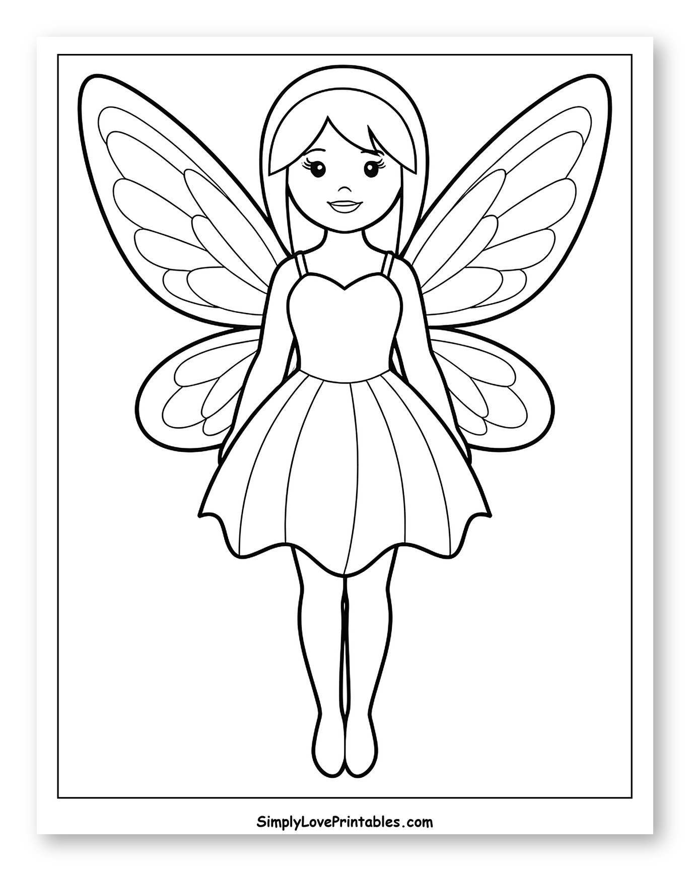 Smiling Fairy with Detailed Wings Coloring Sheet for Toddlers