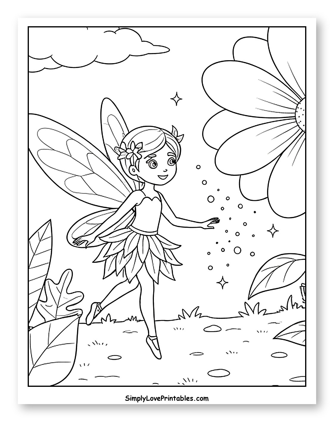 Smiling Fairy with Leaf Skirt and Large Flowers Coloring Page for Kids
