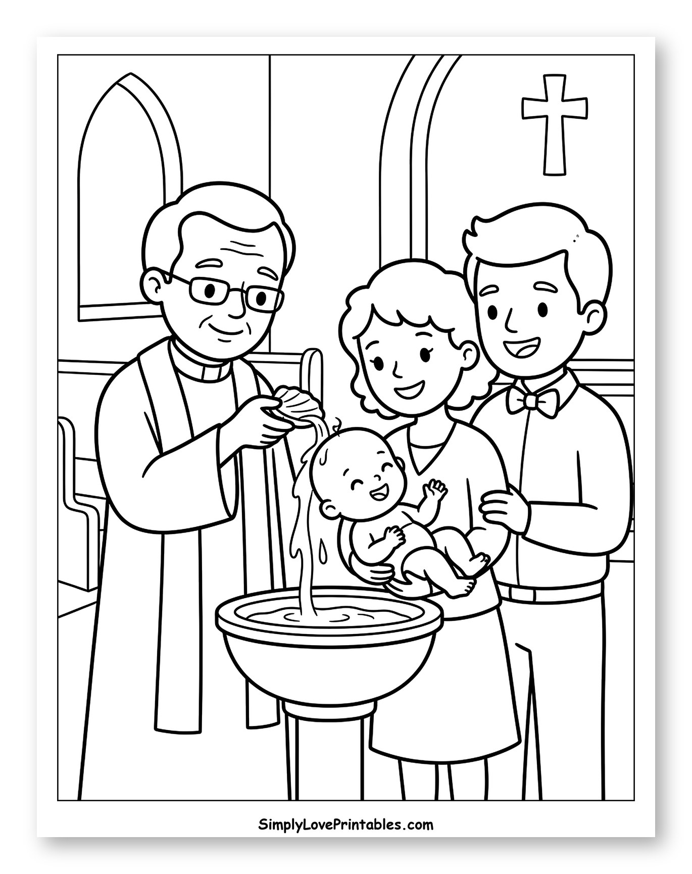 Smiling Family During Baby's Baptism Coloring Page for Kids
