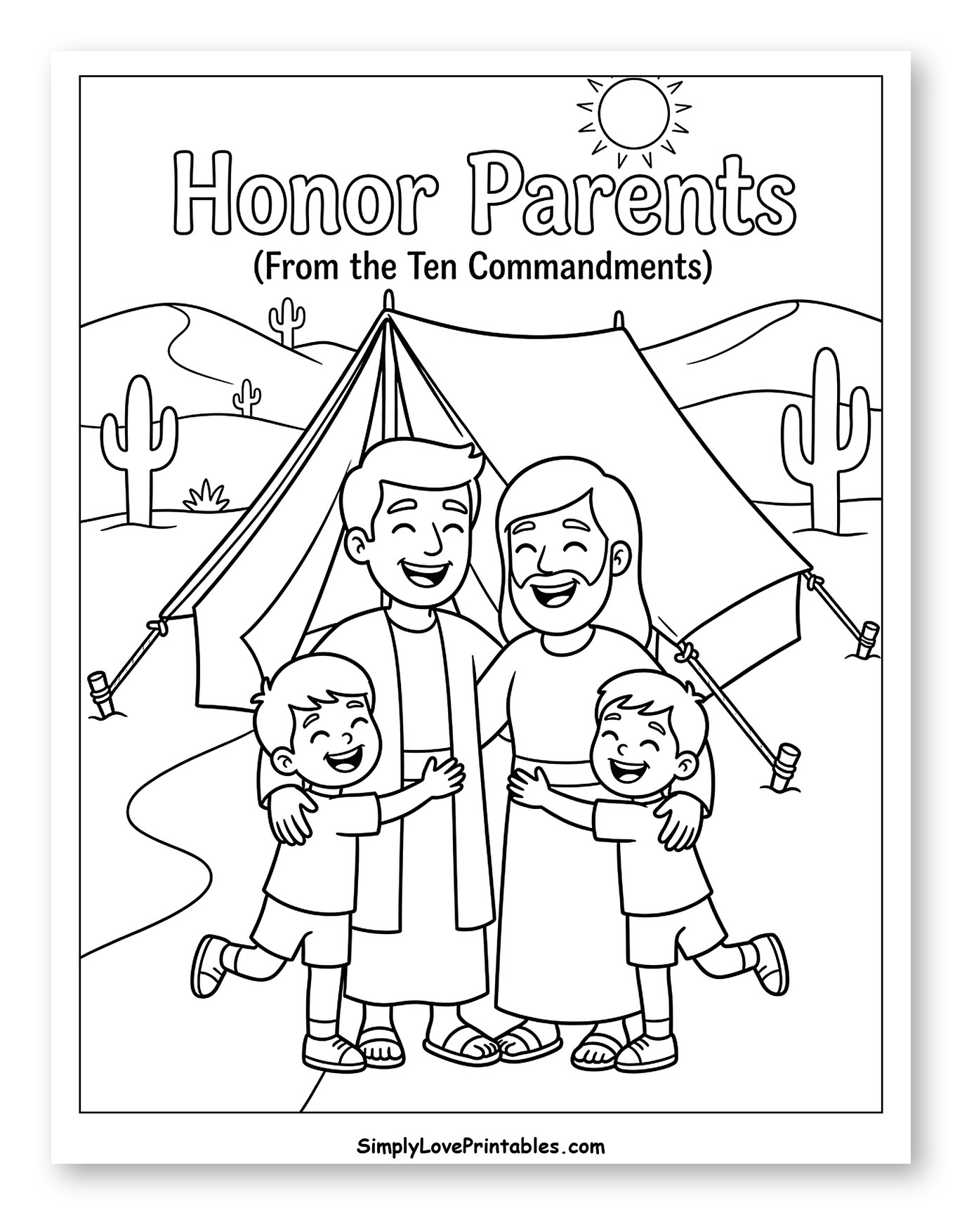 Smiling Family Honoring Parents in Desert Coloring Sheet for Kids