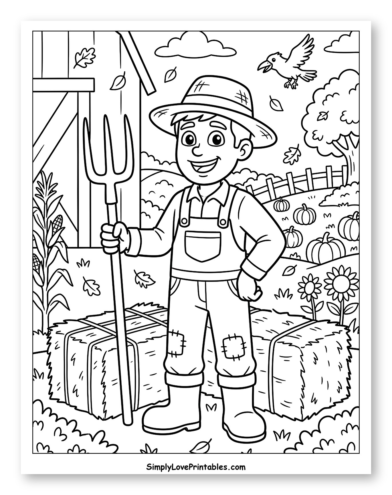 Smiling Farmer with Pitchfork and Hay Bales