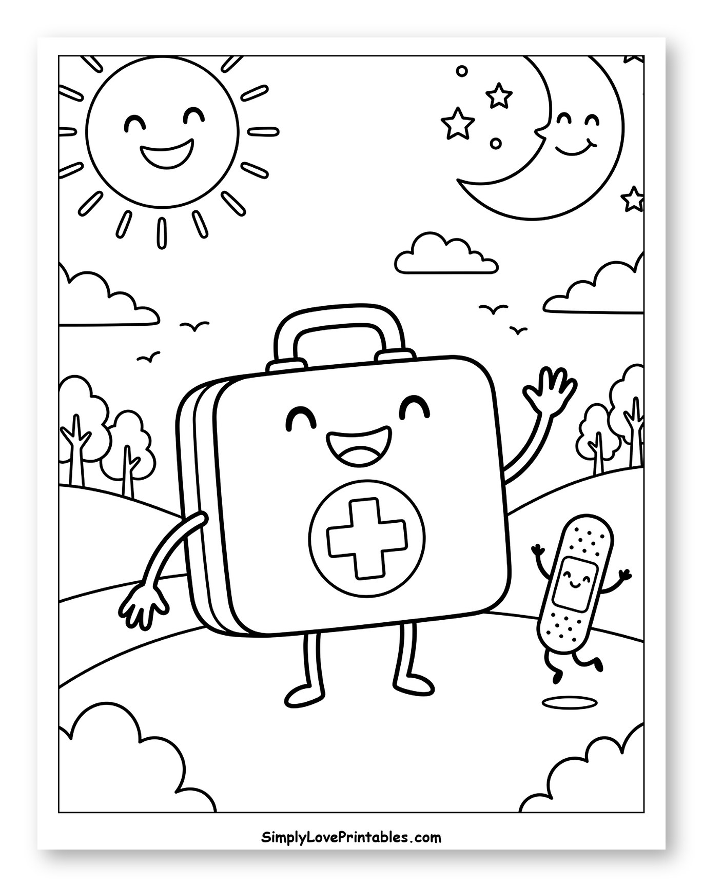Smiling First Aid Kit, Sun, and Moon Coloring Page for Kids