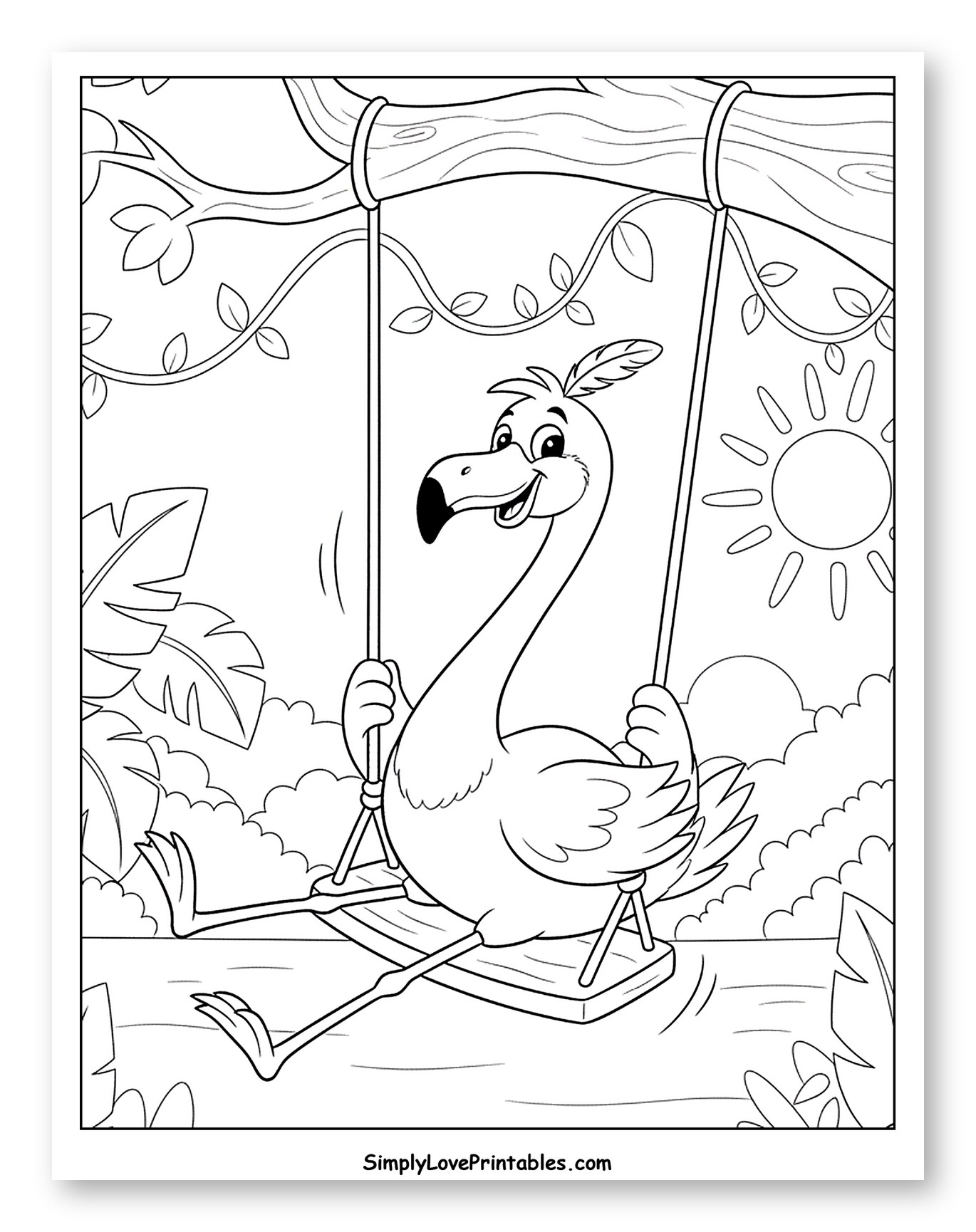 Smiling Flamingo on a Tree Swing