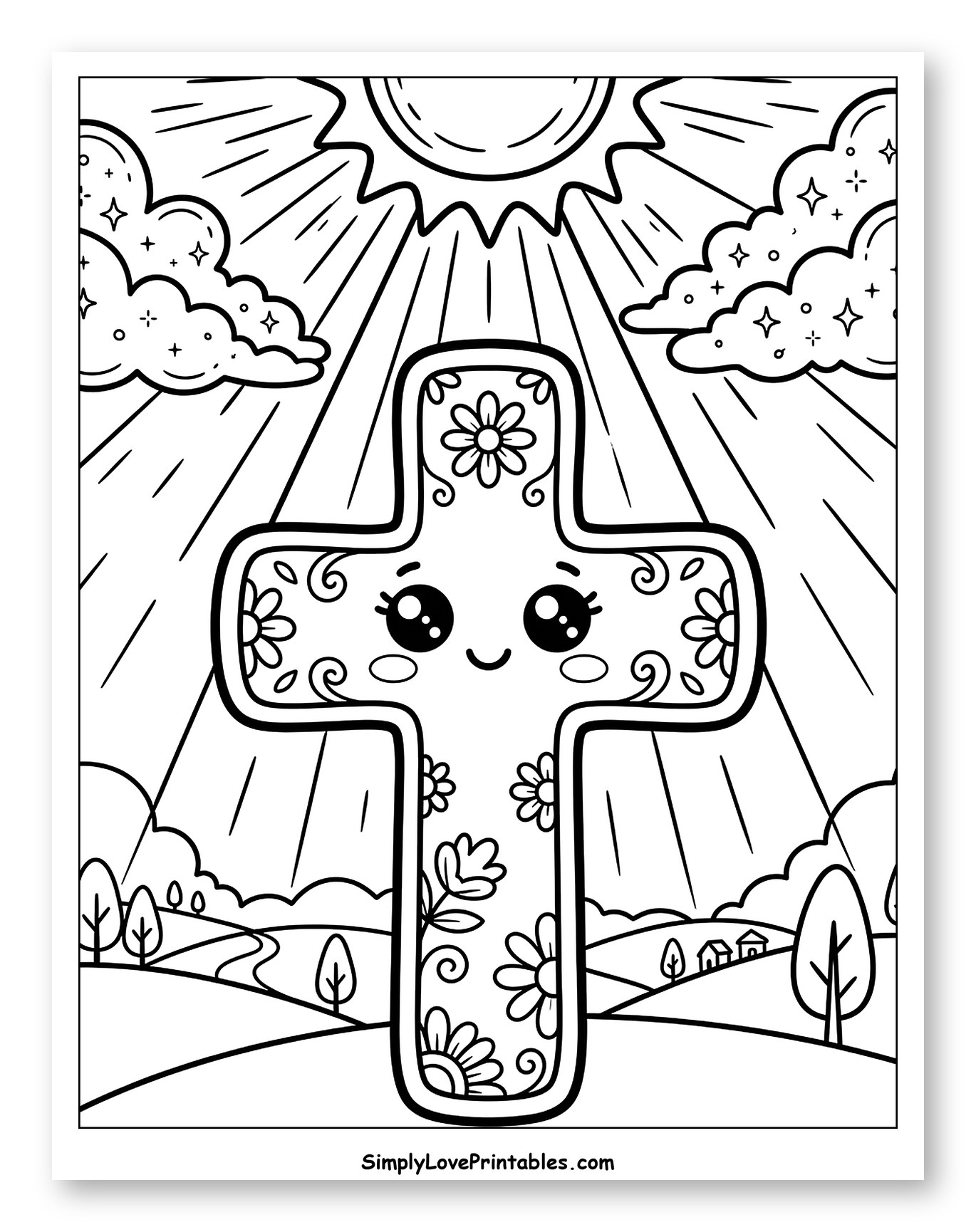 Smiling Floral Cross under Radiant Sun Coloring Sheet for Kids