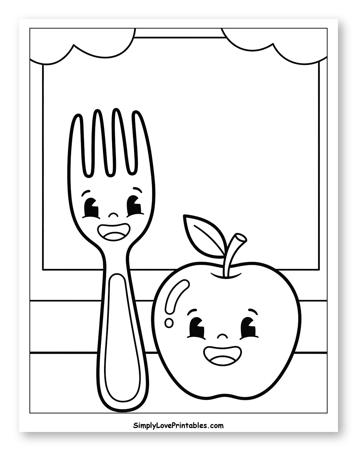 Smiling Fork and Apple Duo Coloring Sheet for Toddlers
