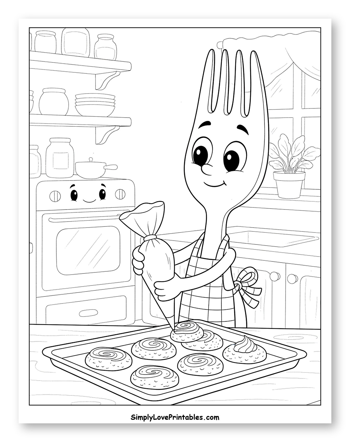 Smiling Fork Piping Icing on Rolls Coloring Sheet for Kids