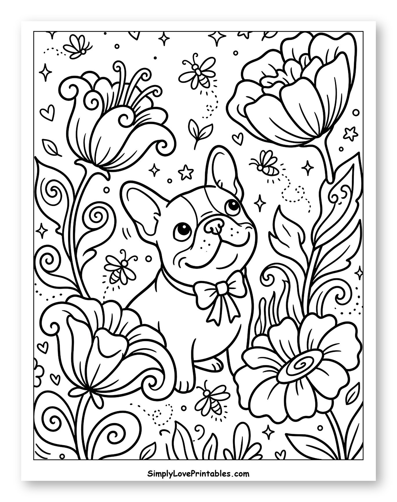 Smiling French Bulldog Puppy with Bees and Flowers