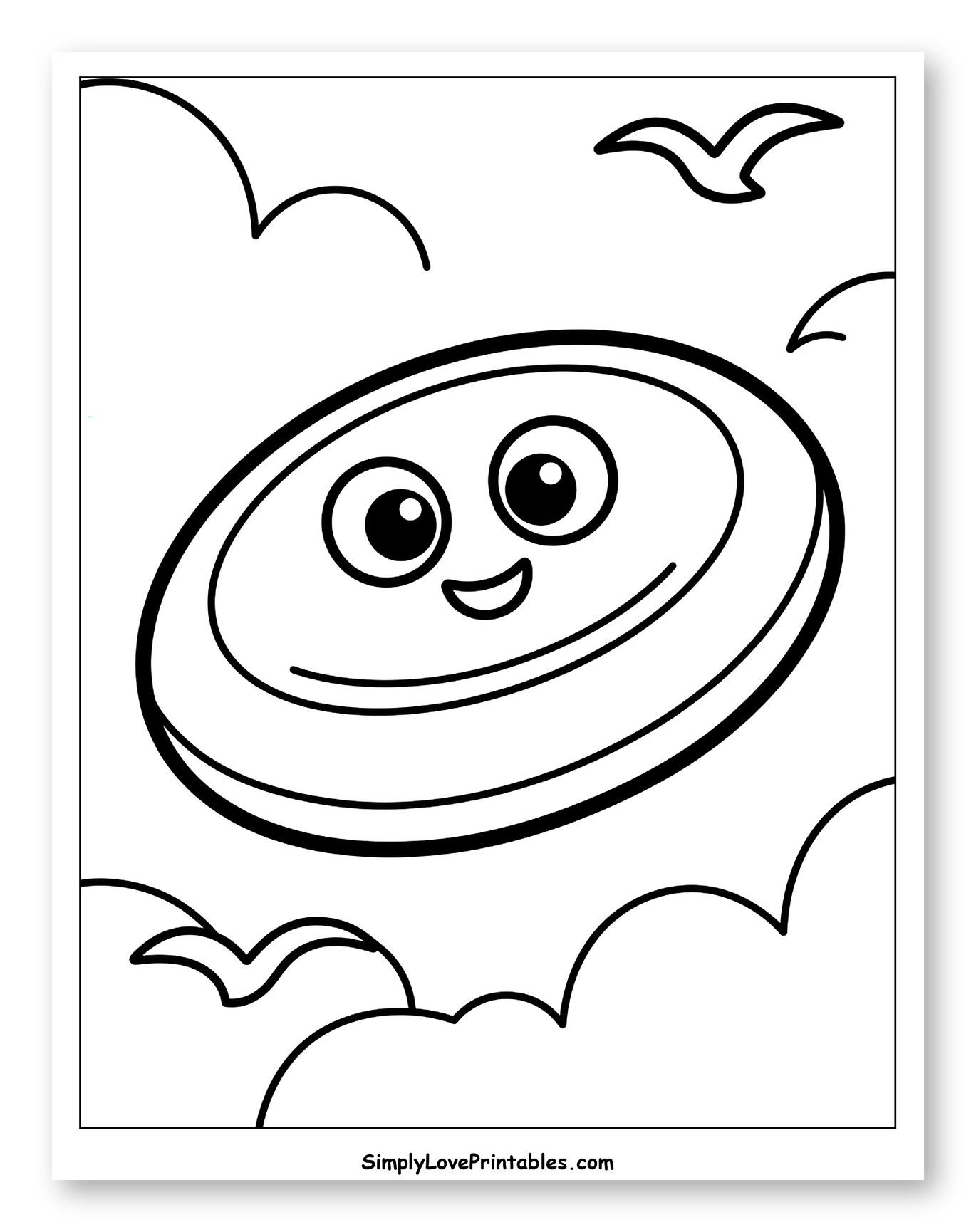 Smiling Frisbee Soaring Through Cloudy Sky Coloring Page for Toddlers