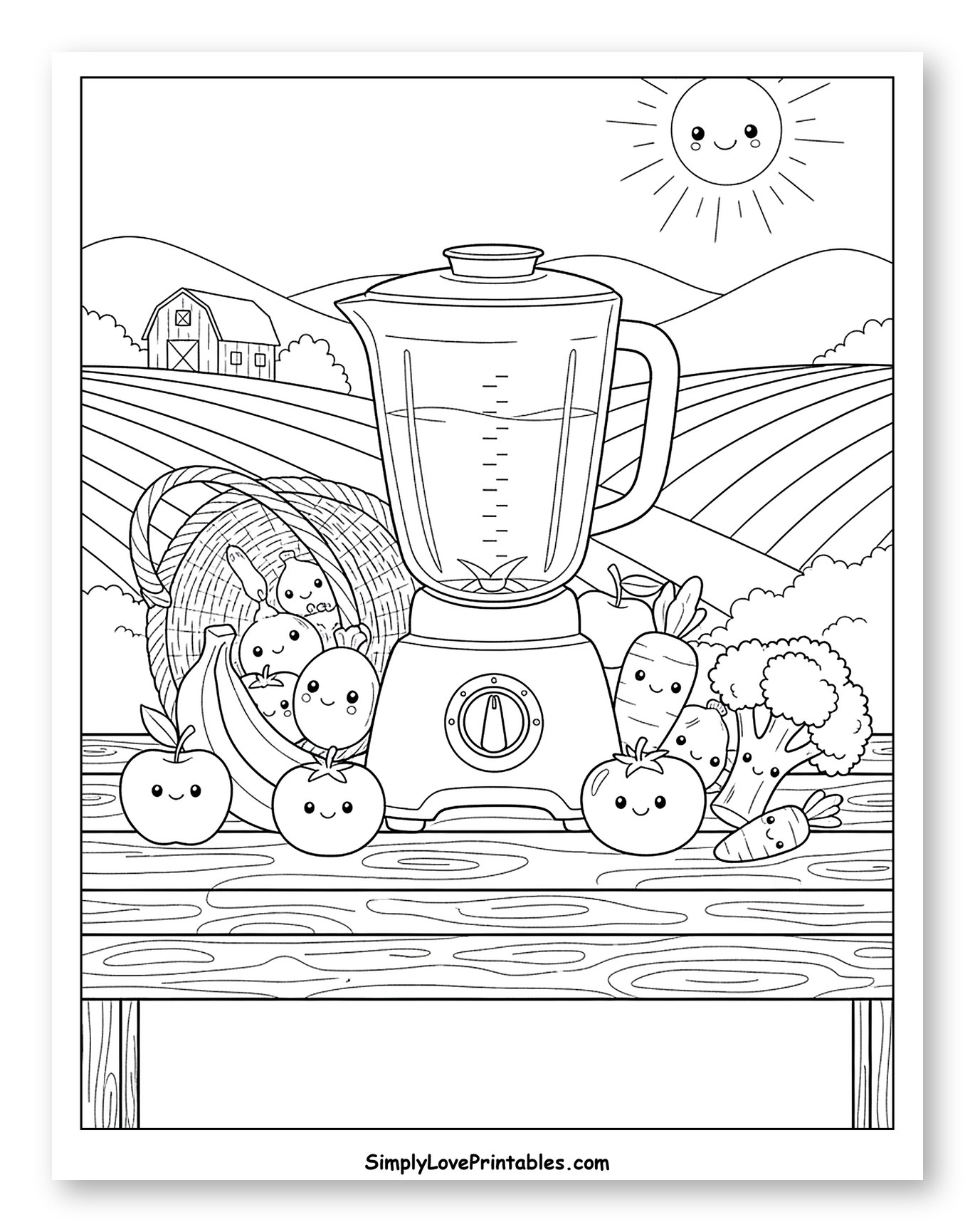 Smiling Fruits and Veggies Ready for Blender Coloring Sheet for Kids