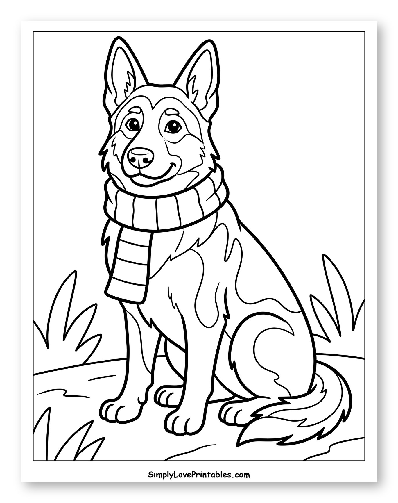 Smiling German Shepherd Dog Wearing Scarf to Color for Toddlers