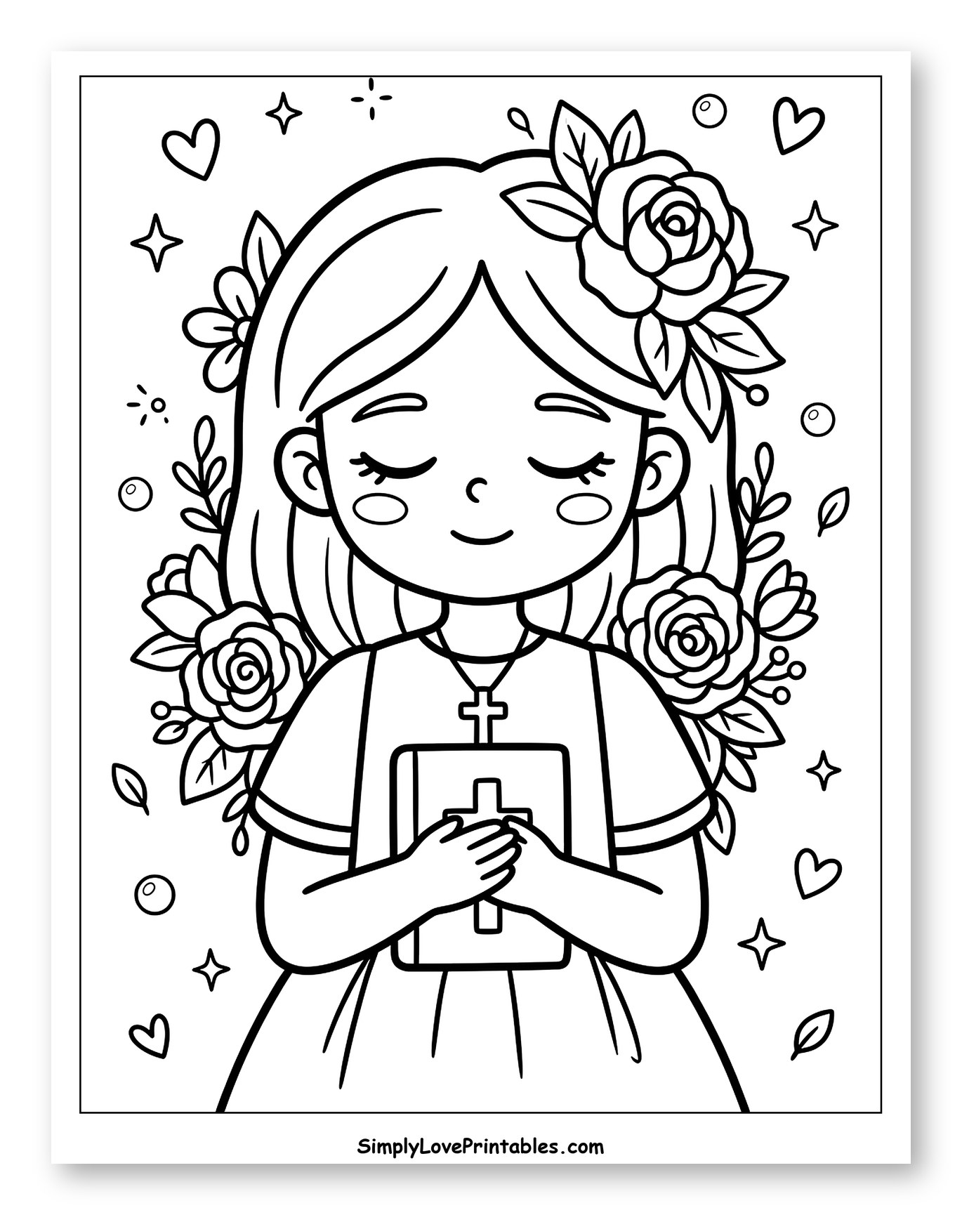 Smiling Girl Holding Bible with Flowers Coloring Page for Adults