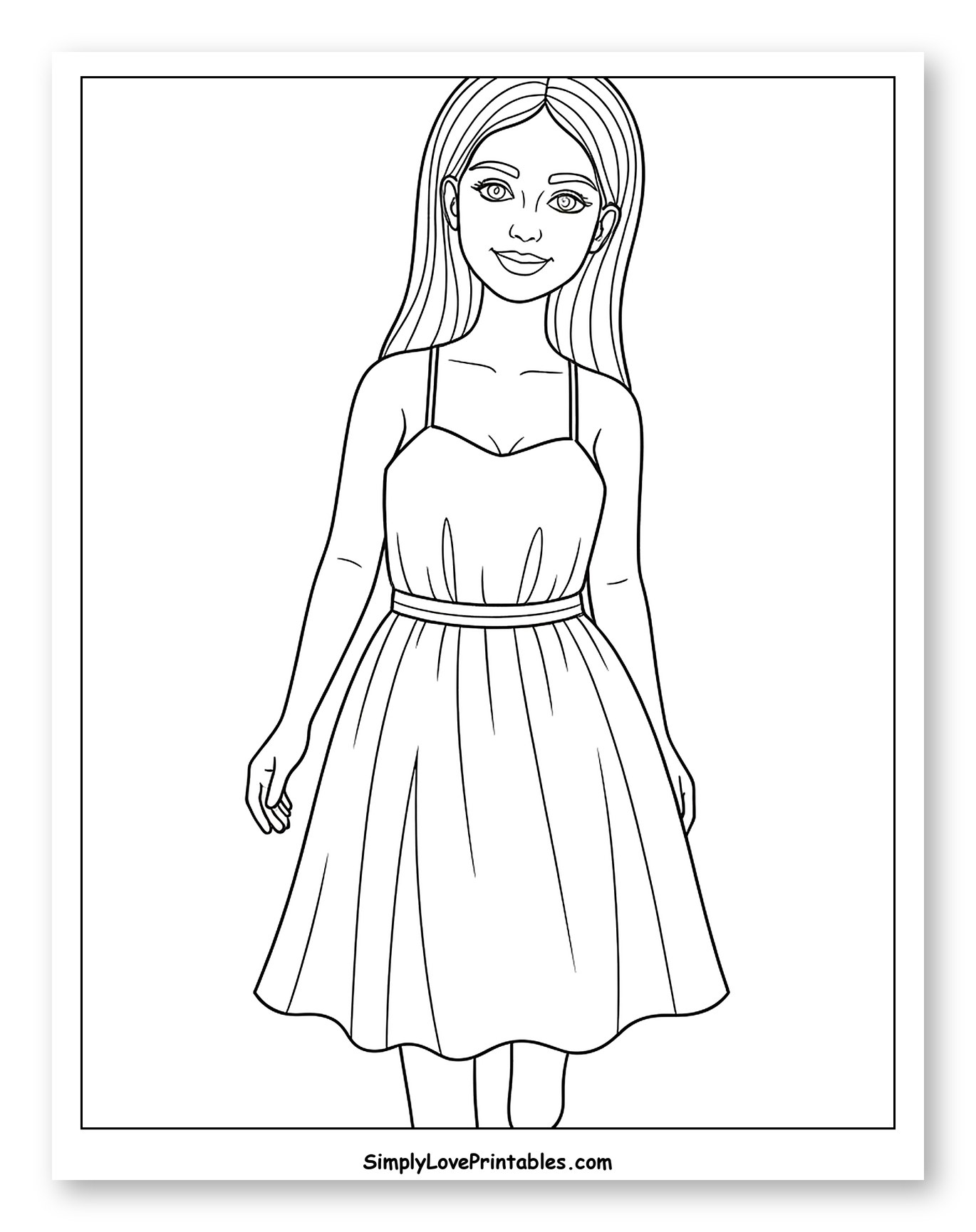 Smiling Girl in a Flowy Dress to Color for Toddlers