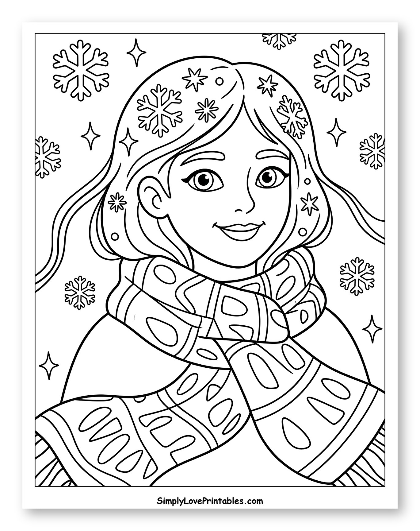 Smiling Girl in Winter with Scarf and Snowflakes Coloring Sheet for Adults