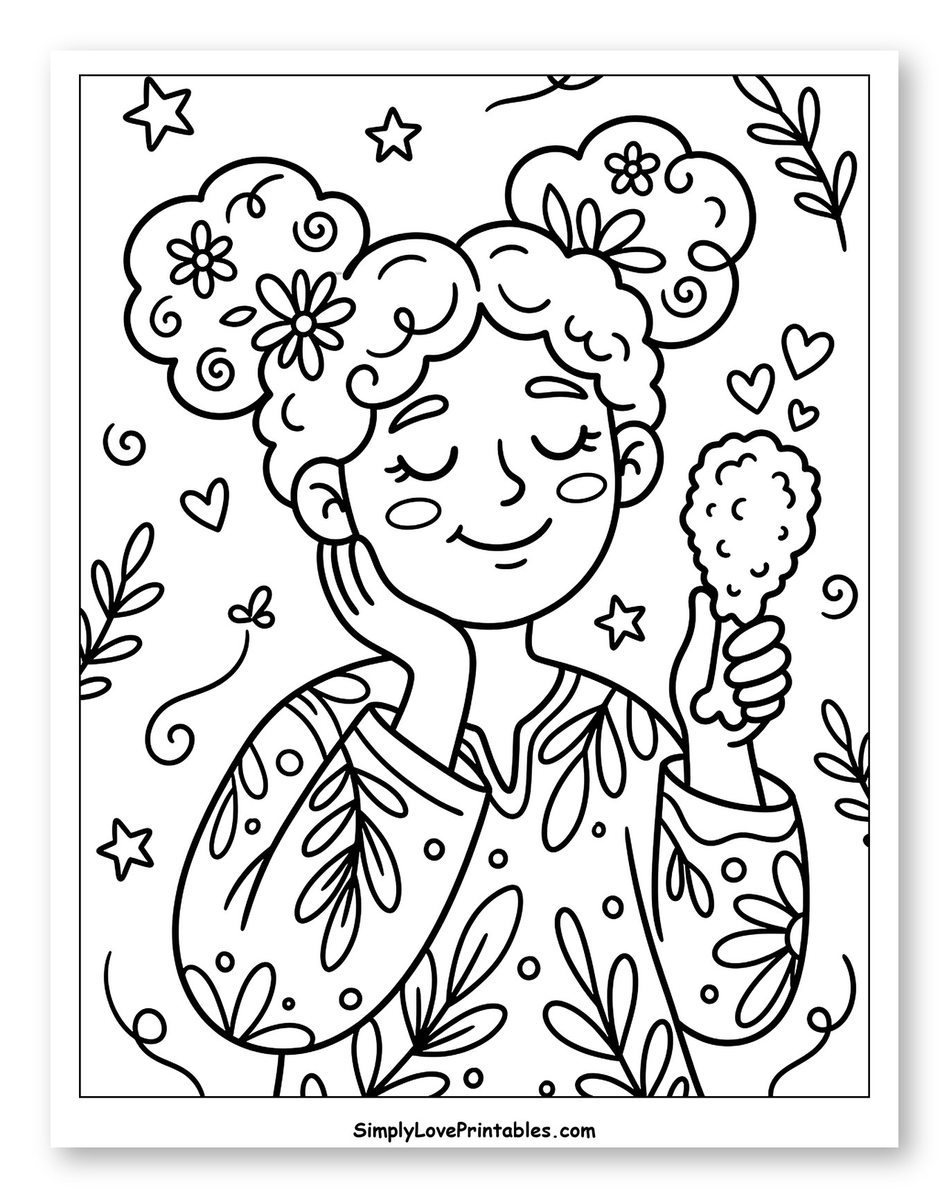 Smiling Girl with Floral Buns and Chicken