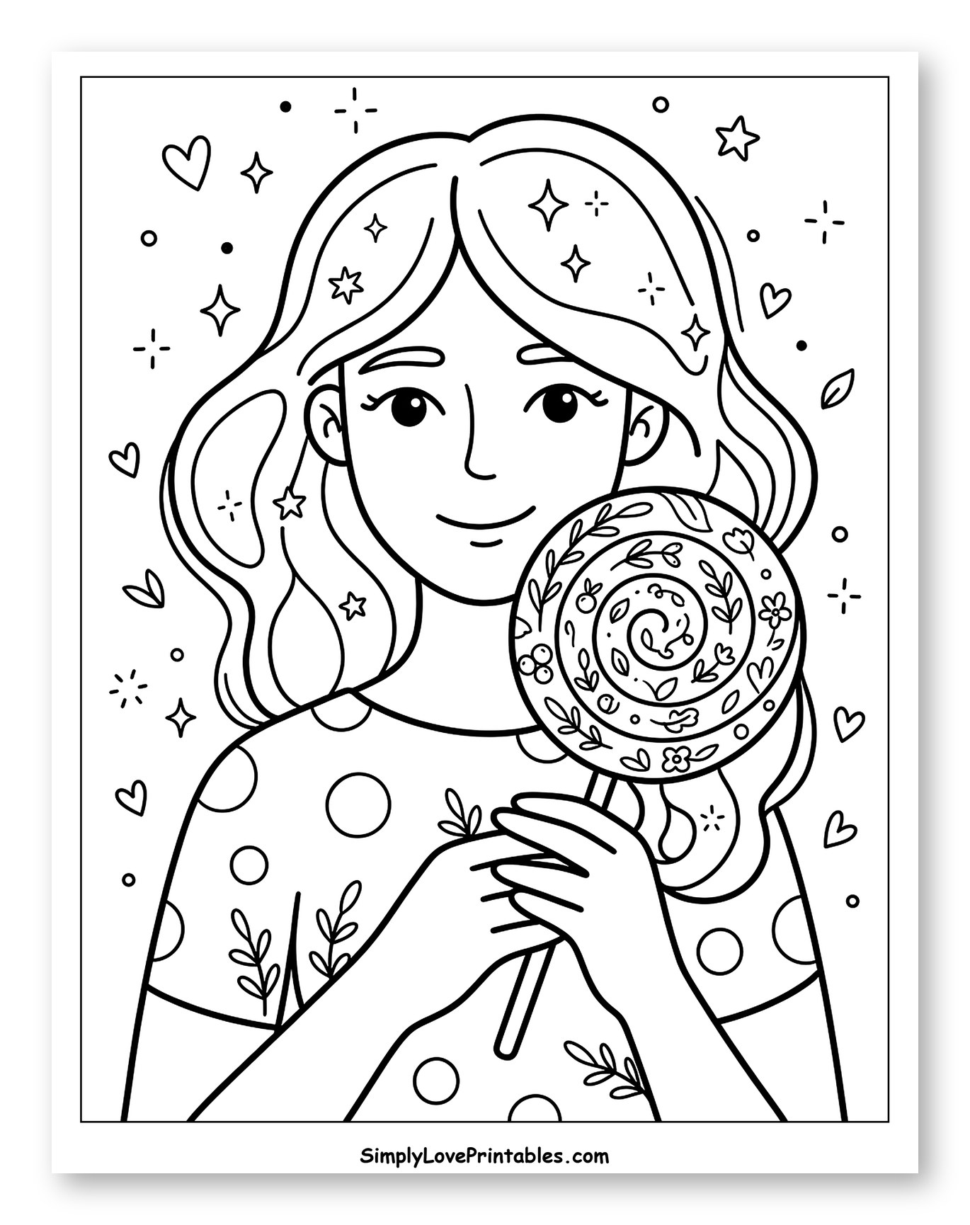Smiling Girl with Floral Lollipop Coloring Page for Adults