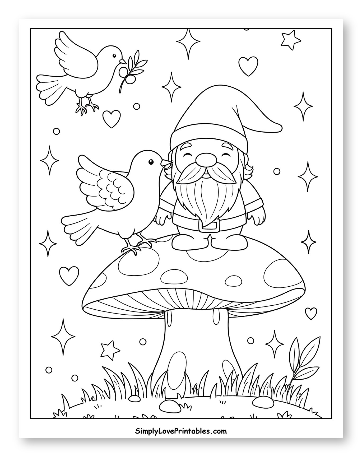 Smiling Gnome on Mushroom with Friendly Birds to Color for Adults