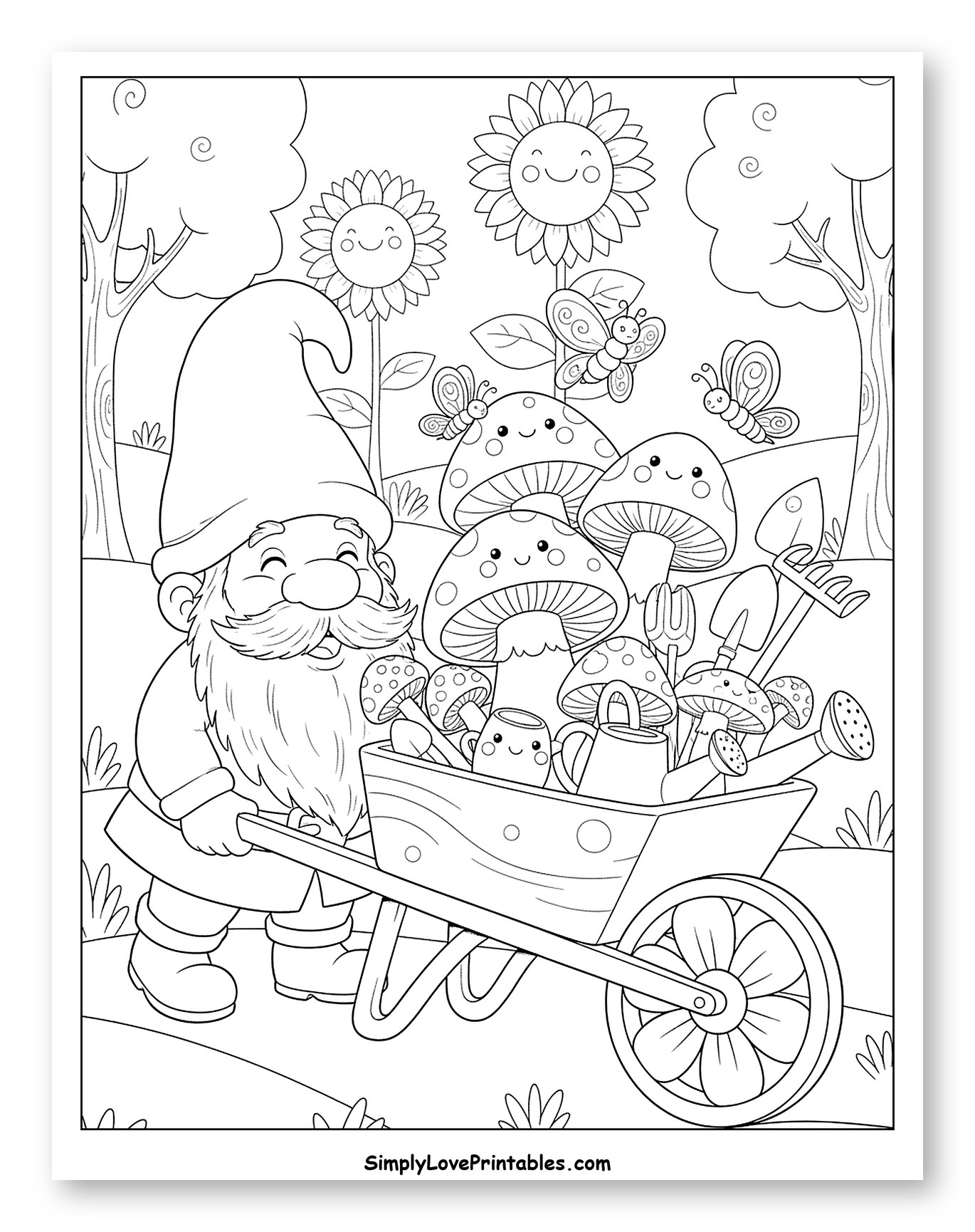 Smiling Gnome Pushing Wheelbarrow of Garden Friends to Color for Kids