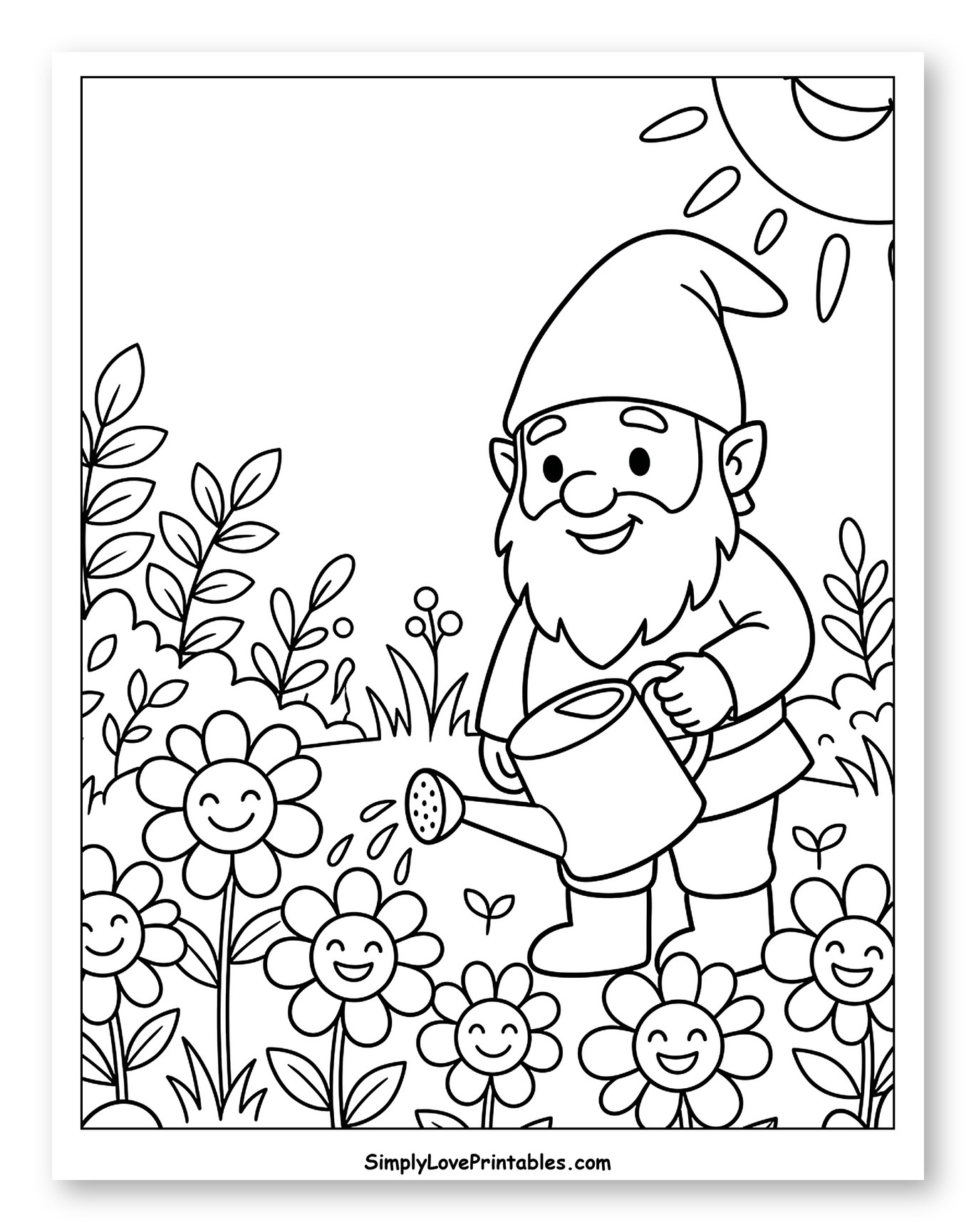 Smiling Gnome Watering Cheerful Flowers