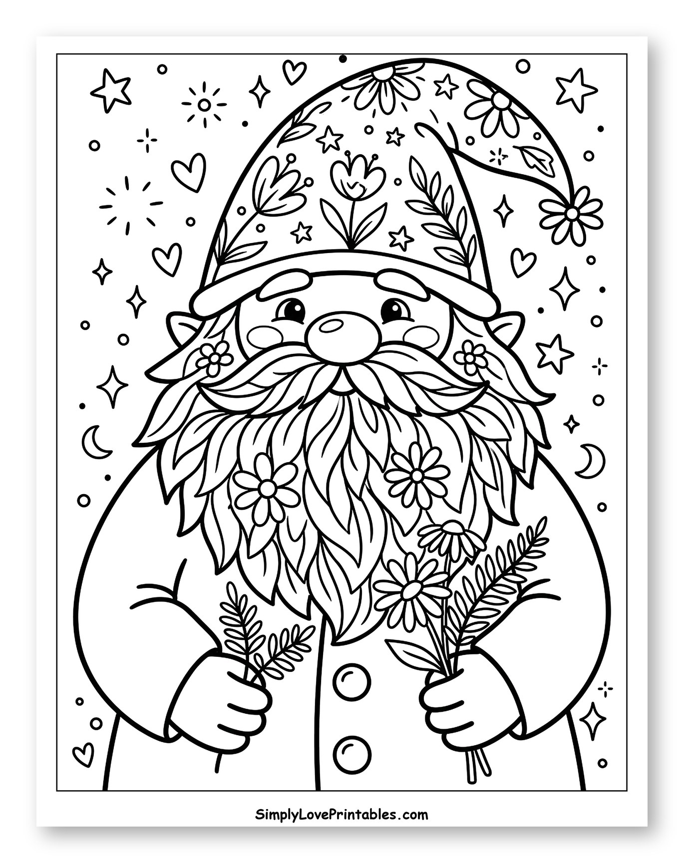 Smiling Gnome with Flowered Hat and Beard