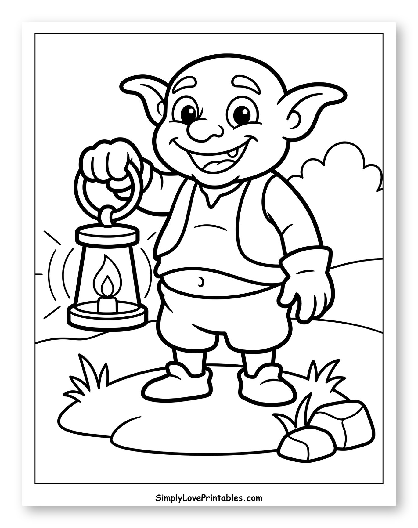 Smiling Goblin Holding a Lantern Coloring Page for Toddlers