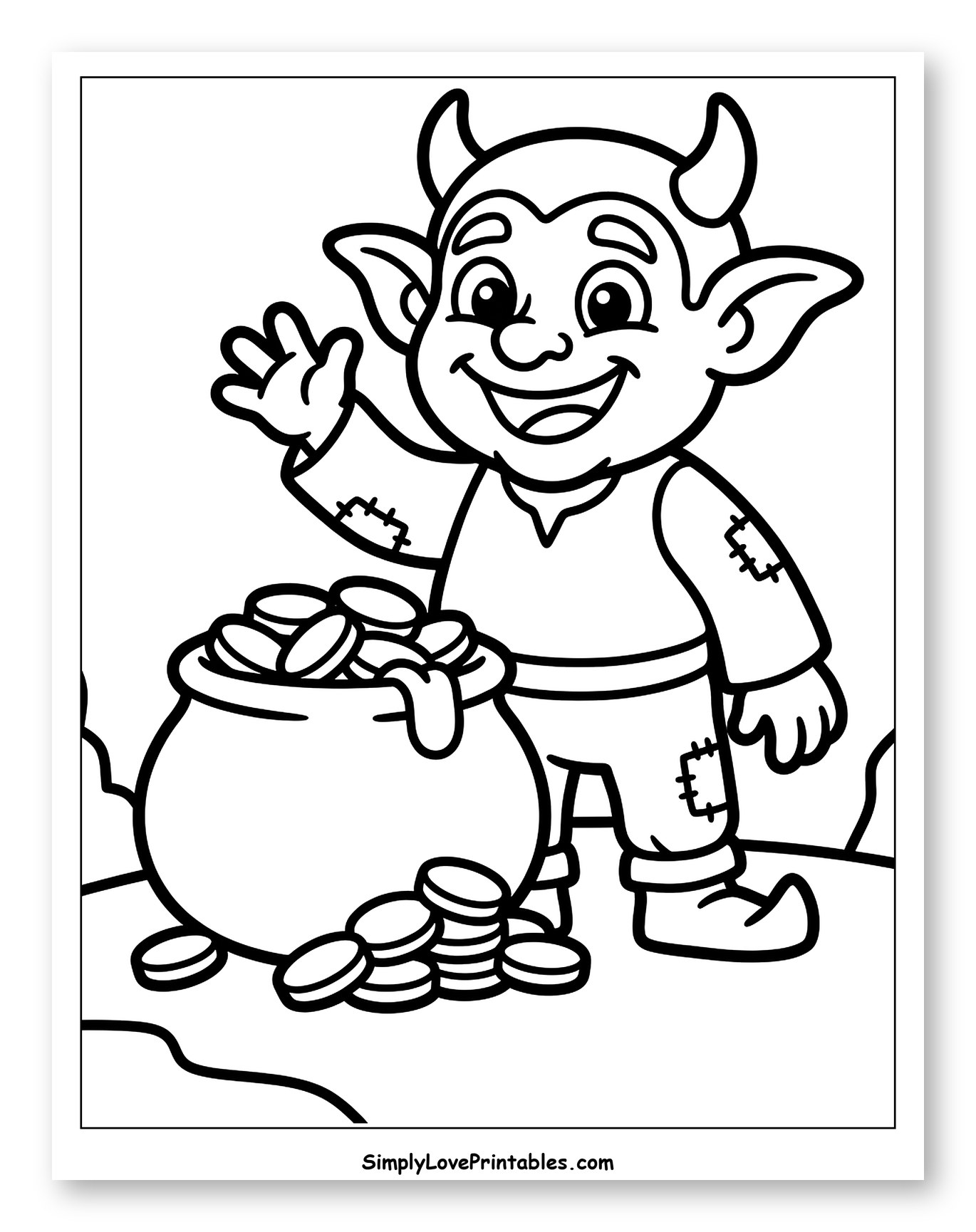 Smiling Goblin Waving with Pot of Gold