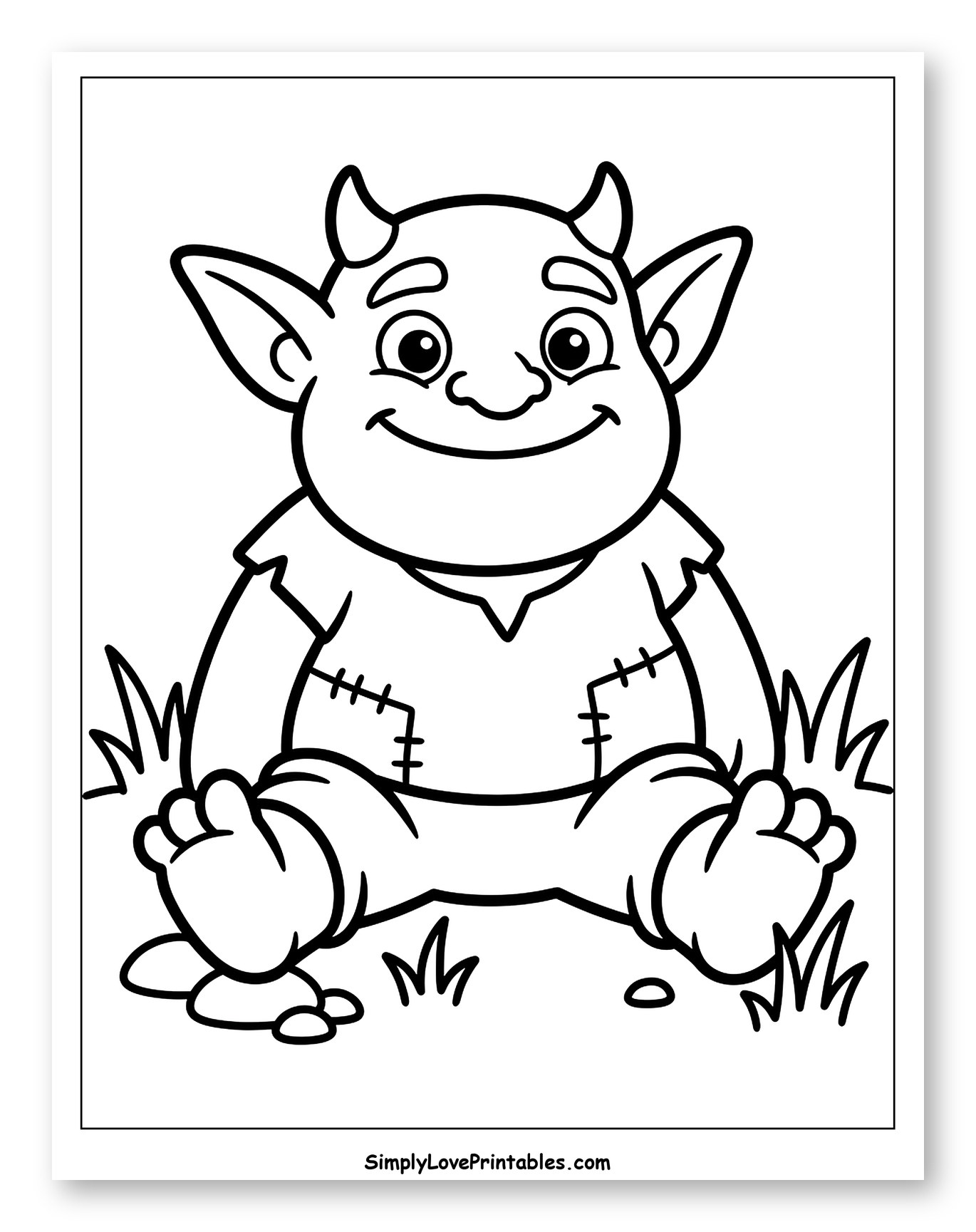 Smiling Goblin with Horns in Grass Coloring Sheet for Toddlers