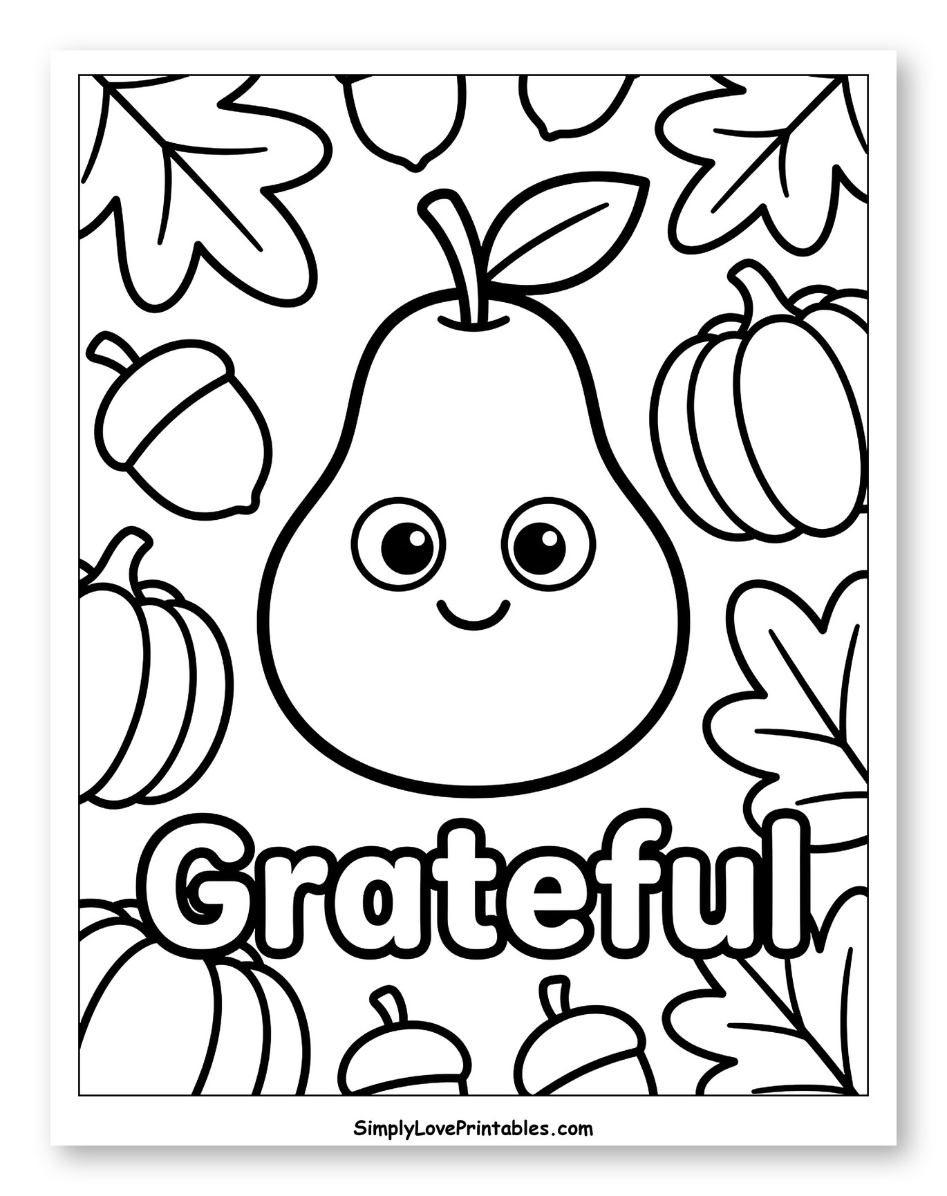 Smiling Grateful Pear with Autumn Harvest Elements