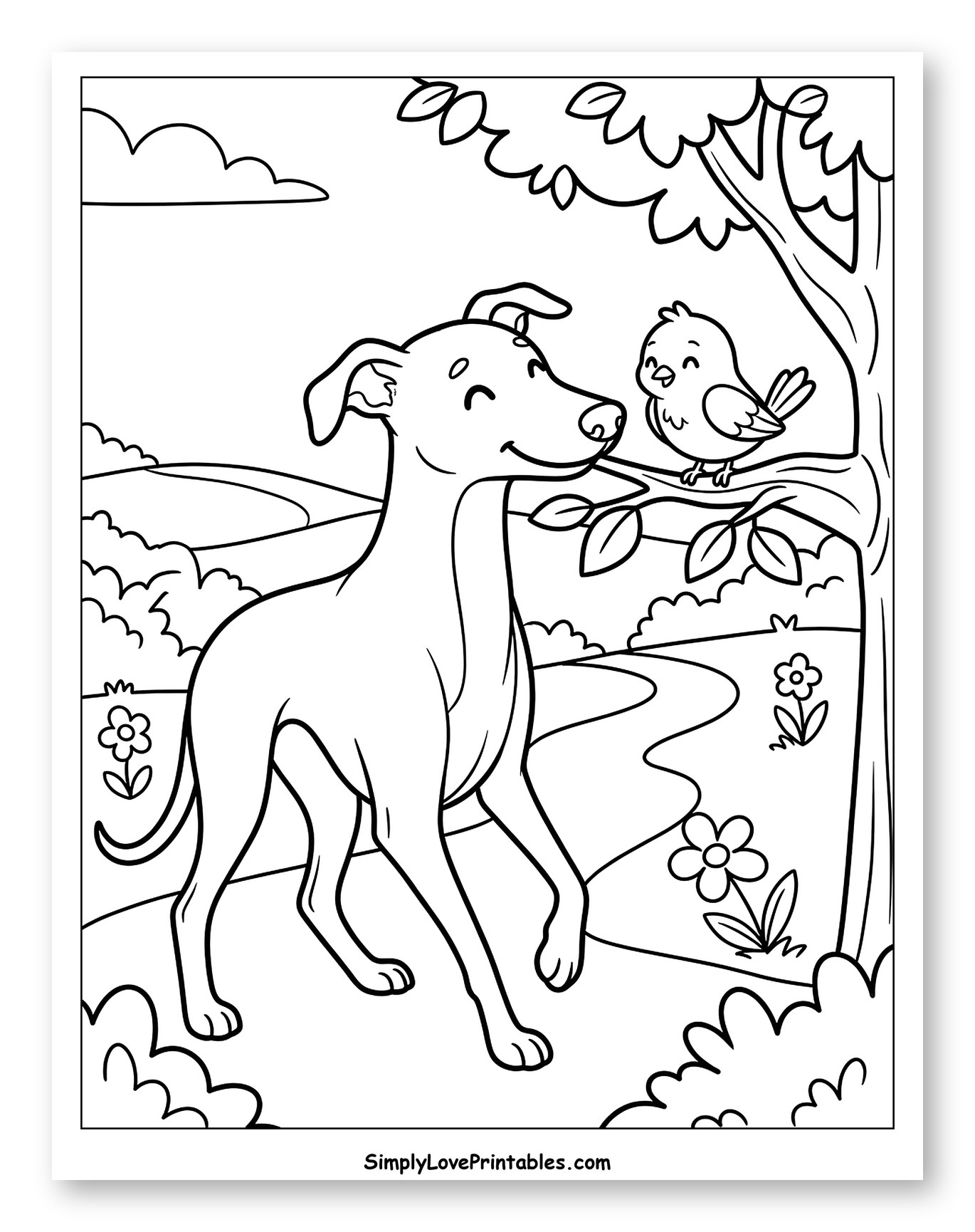 Smiling Greyhound and Bird Under Tree