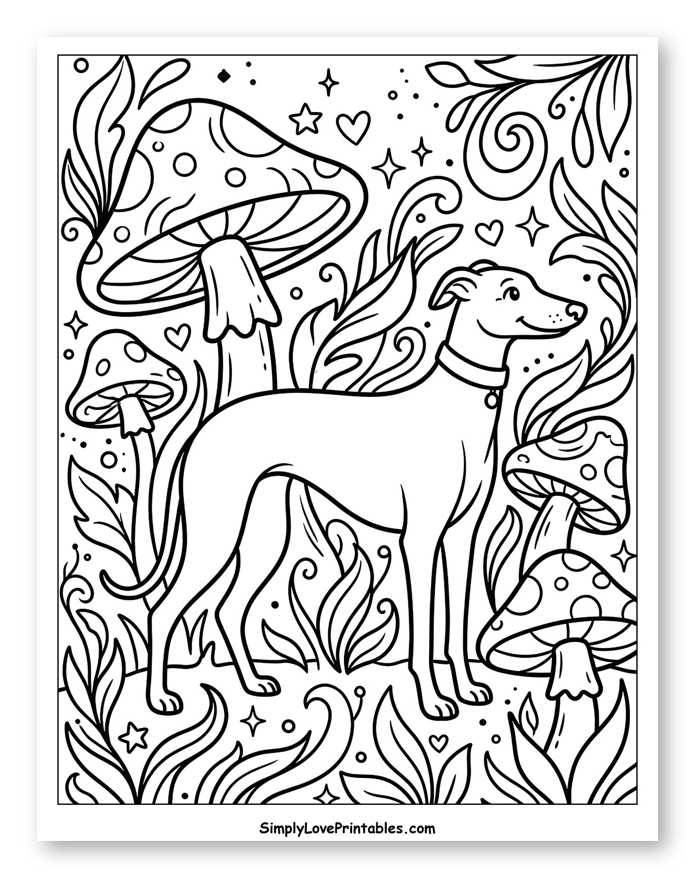 Smiling Greyhound in a Whimsical Mushroom Garden