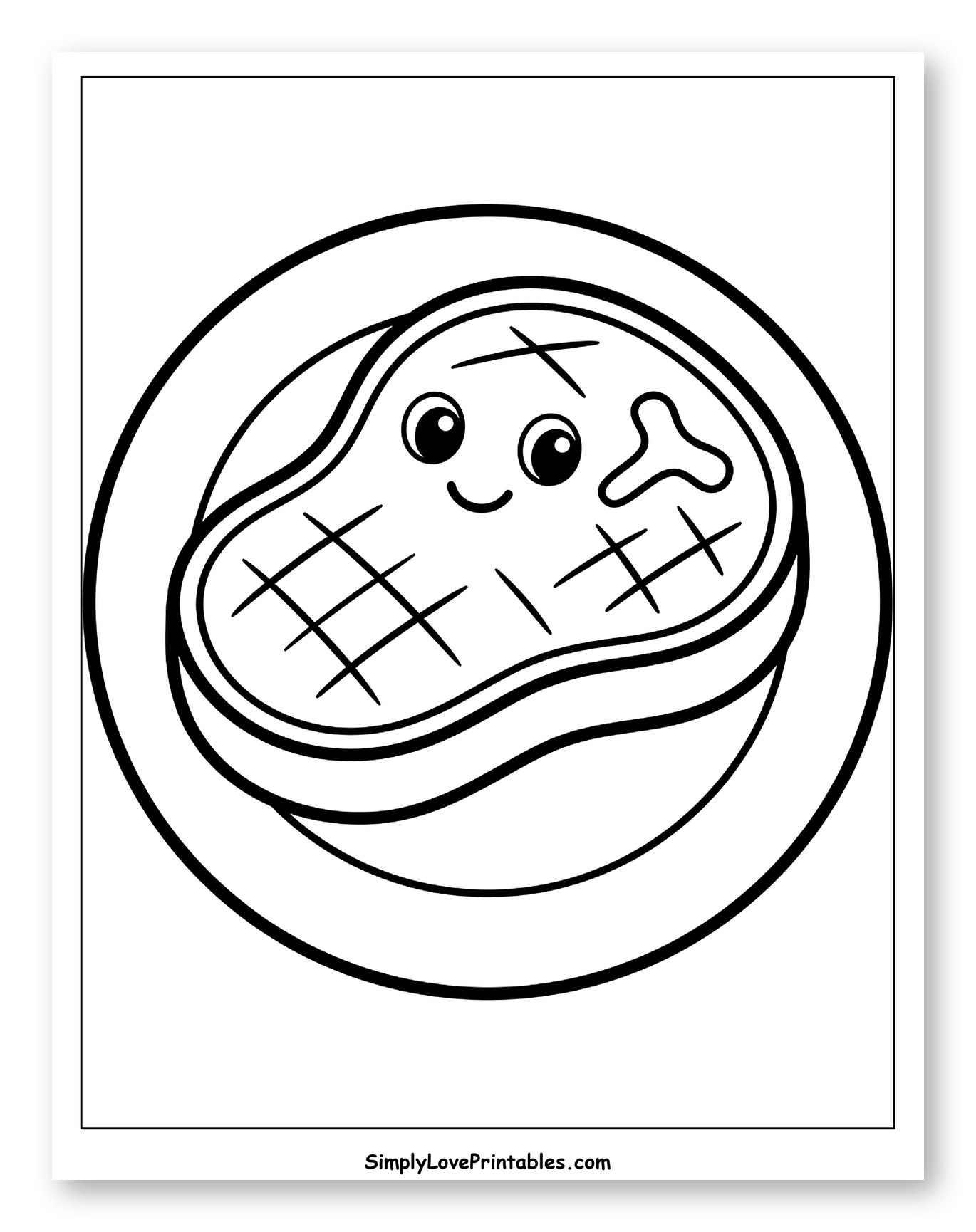 Smiling Grilled Steak on a Round Plate Coloring Page for Toddlers