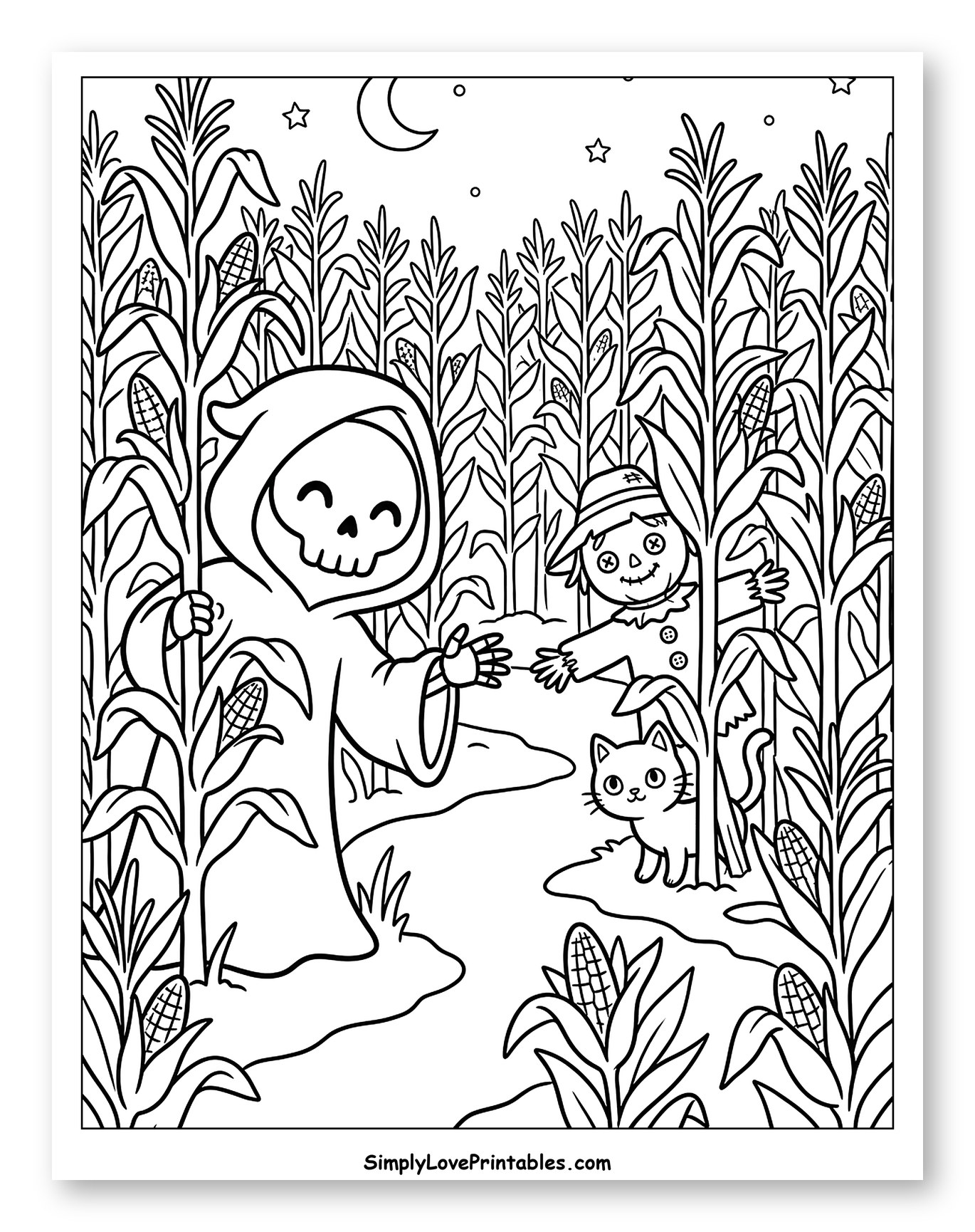 Smiling Grim Reaper, Scarecrow, and Cat in Cornfield