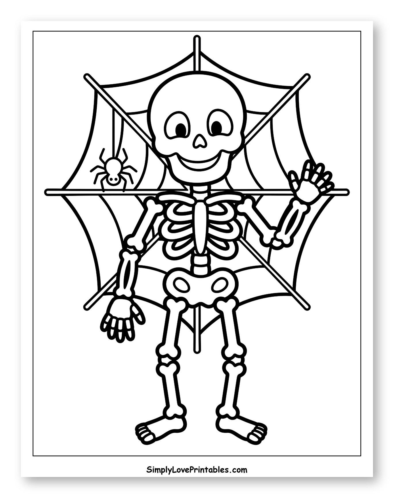 Smiling Halloween Skeleton and Spiderweb to Color for Toddlers