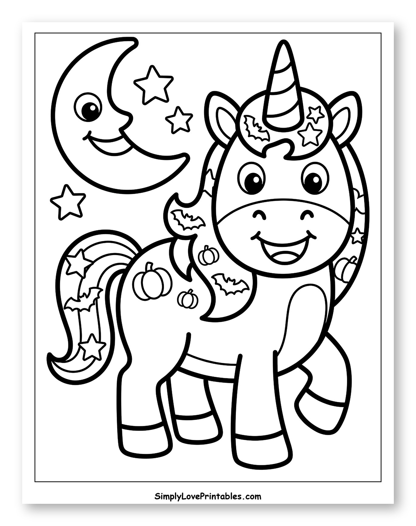 Smiling Halloween Unicorn with Moon and Stars
