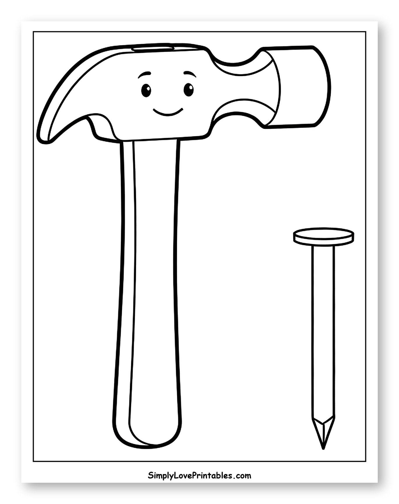 Smiling Hammer and a Companion Nail Coloring Sheet for Toddlers