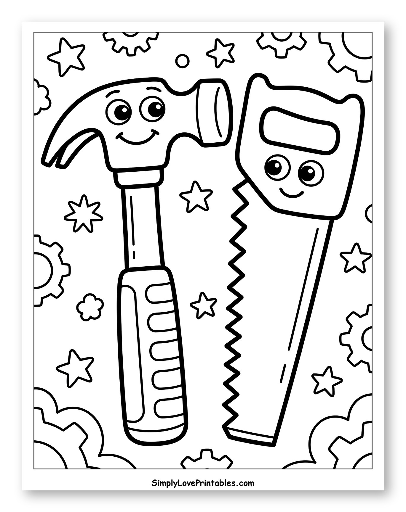 Smiling Hammer and Saw with Gears and Stars