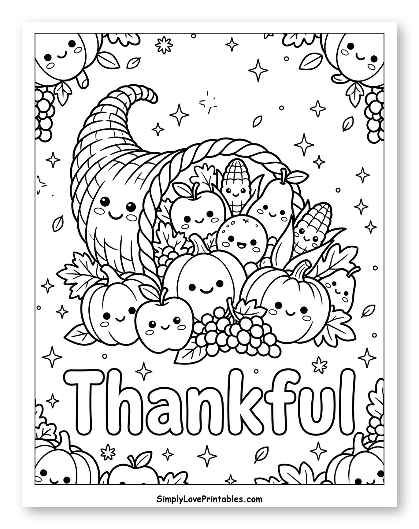 Smiling Harvest Cornucopia with Thankful Lettering