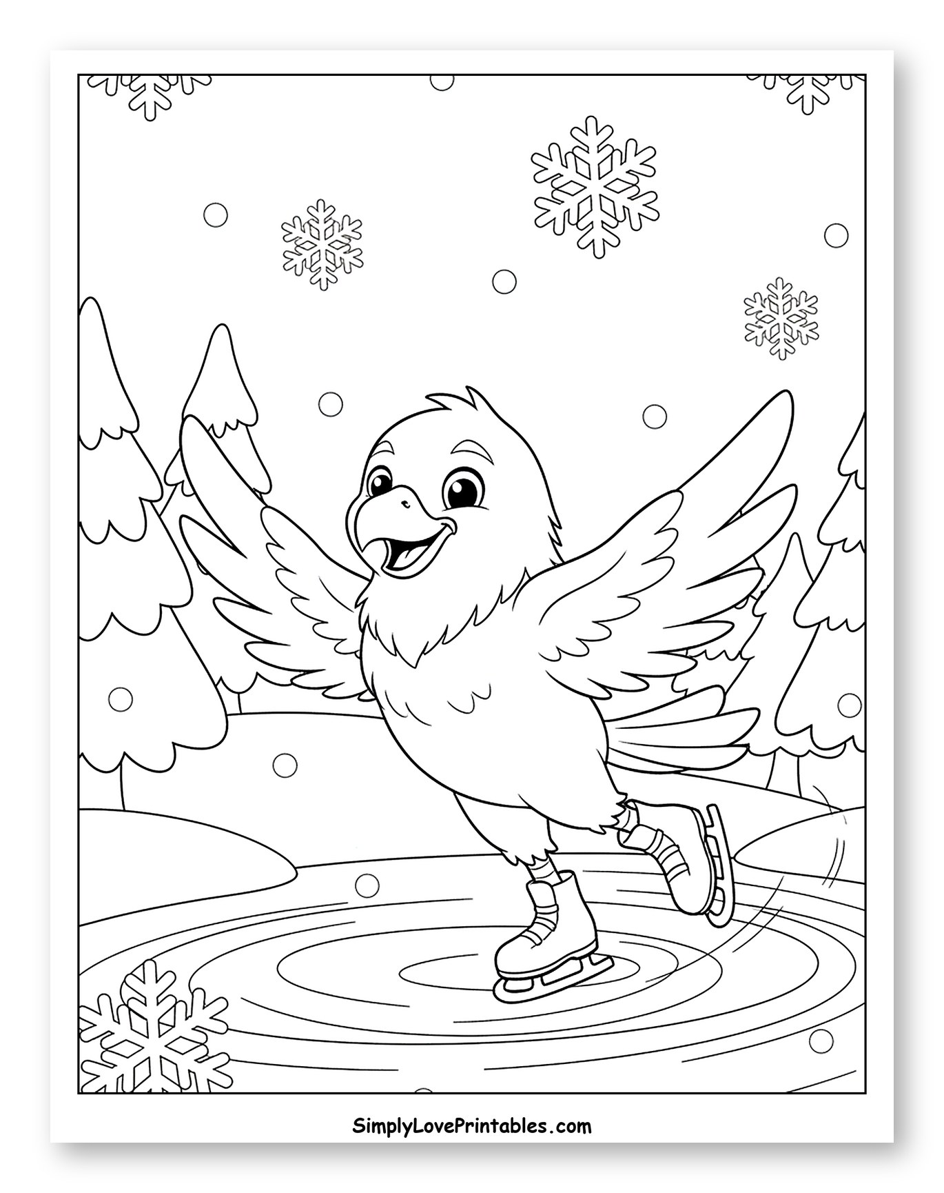 Smiling Hawk Ice Skating Amidst Snowflakes