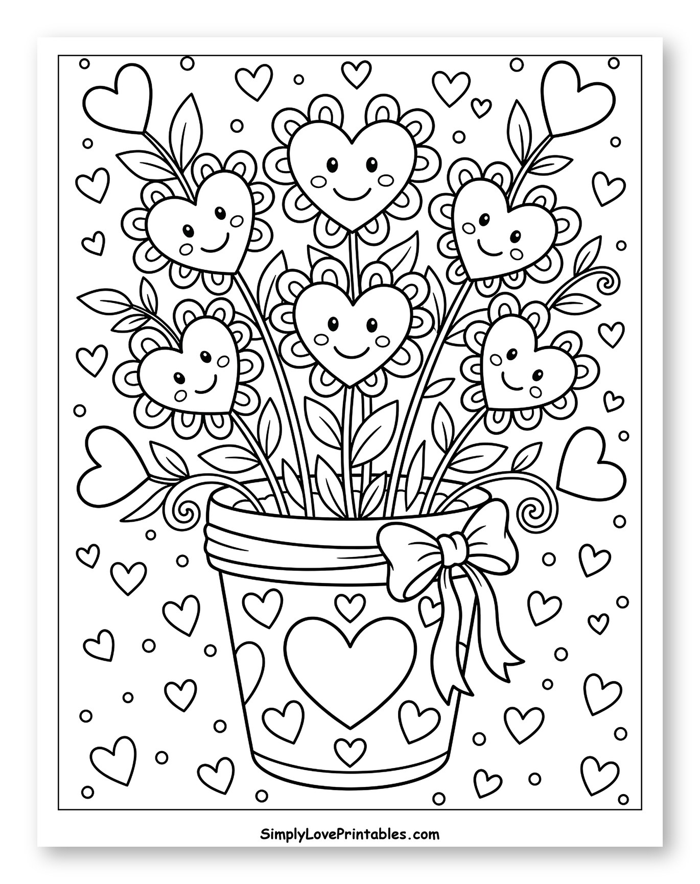 Smiling Heart Flowers in a Decorative Pot to Color for Kids