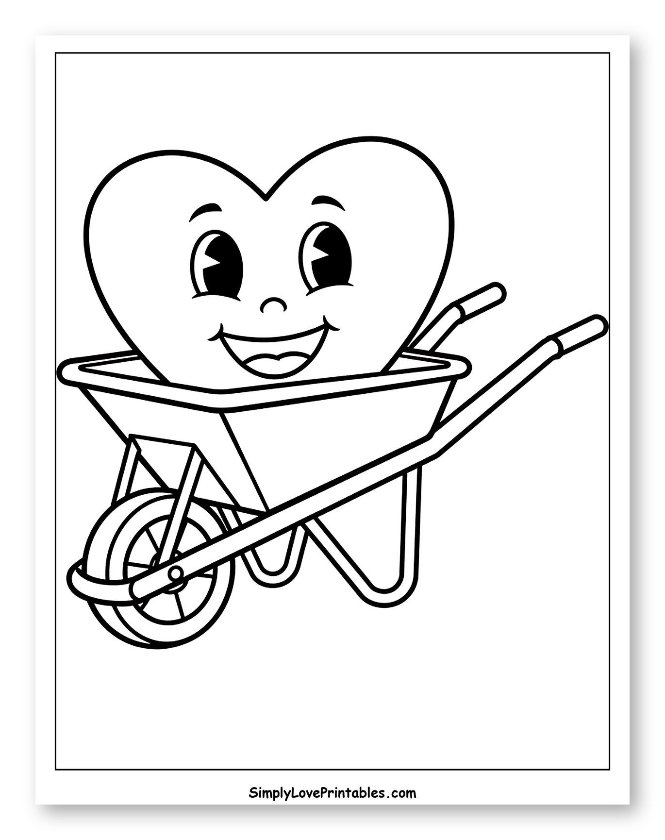 Smiling Heart in a Wheelbarrow Coloring Page for Toddlers