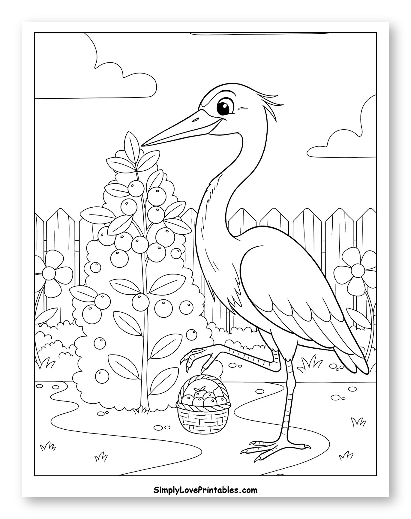 Smiling Heron Carrying Basket of Berries