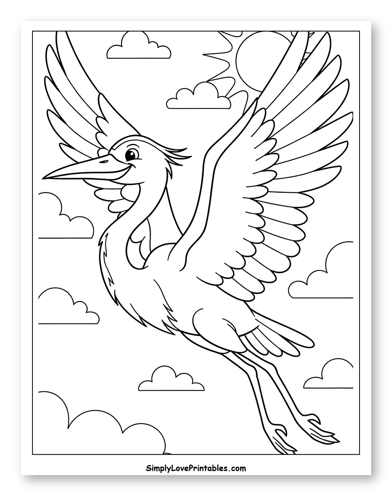 Smiling Heron Soaring Among Clouds to Color for Toddlers