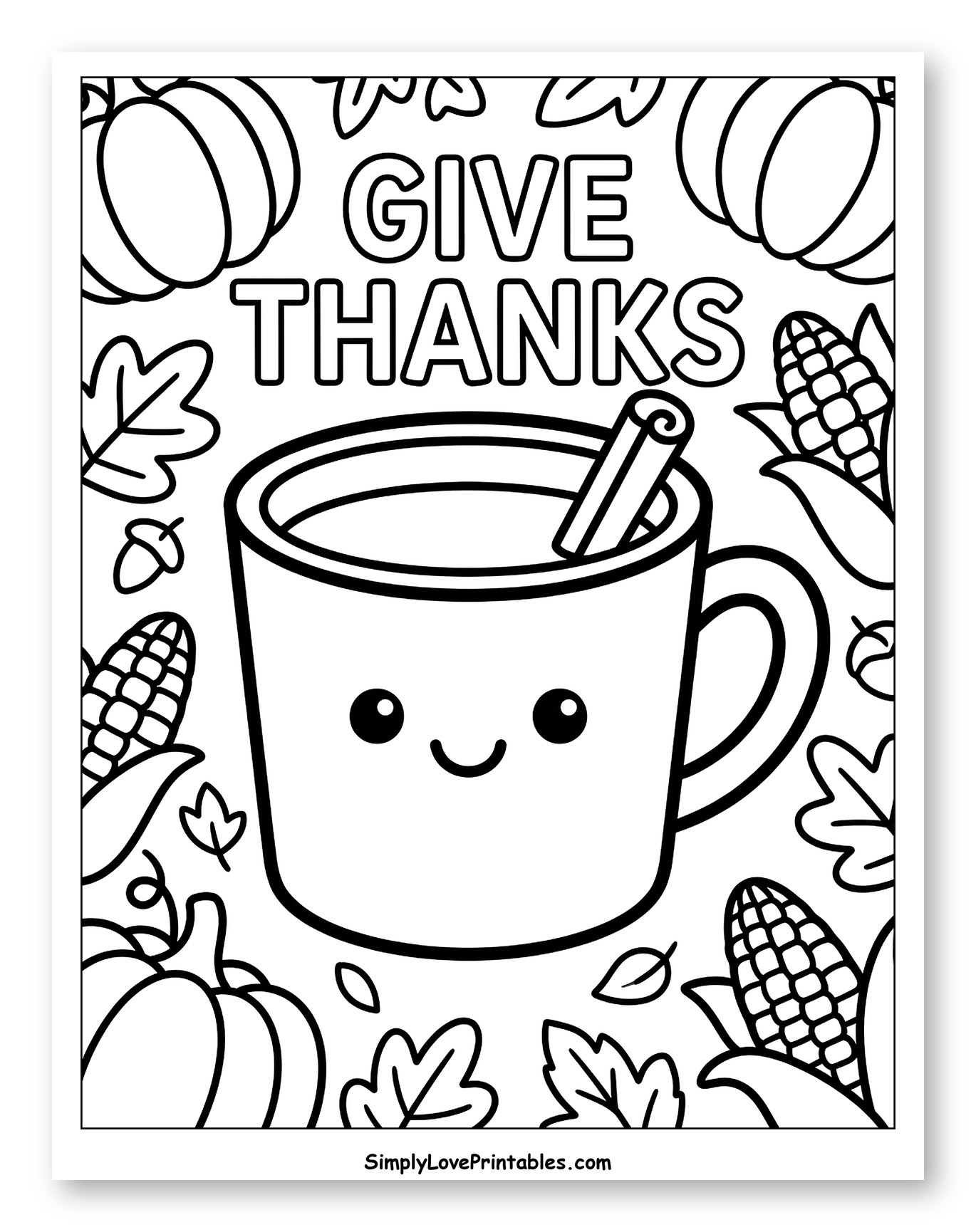 Smiling Hot Cocoa Mug Surrounded by Autumn Harvest to Color for Toddlers