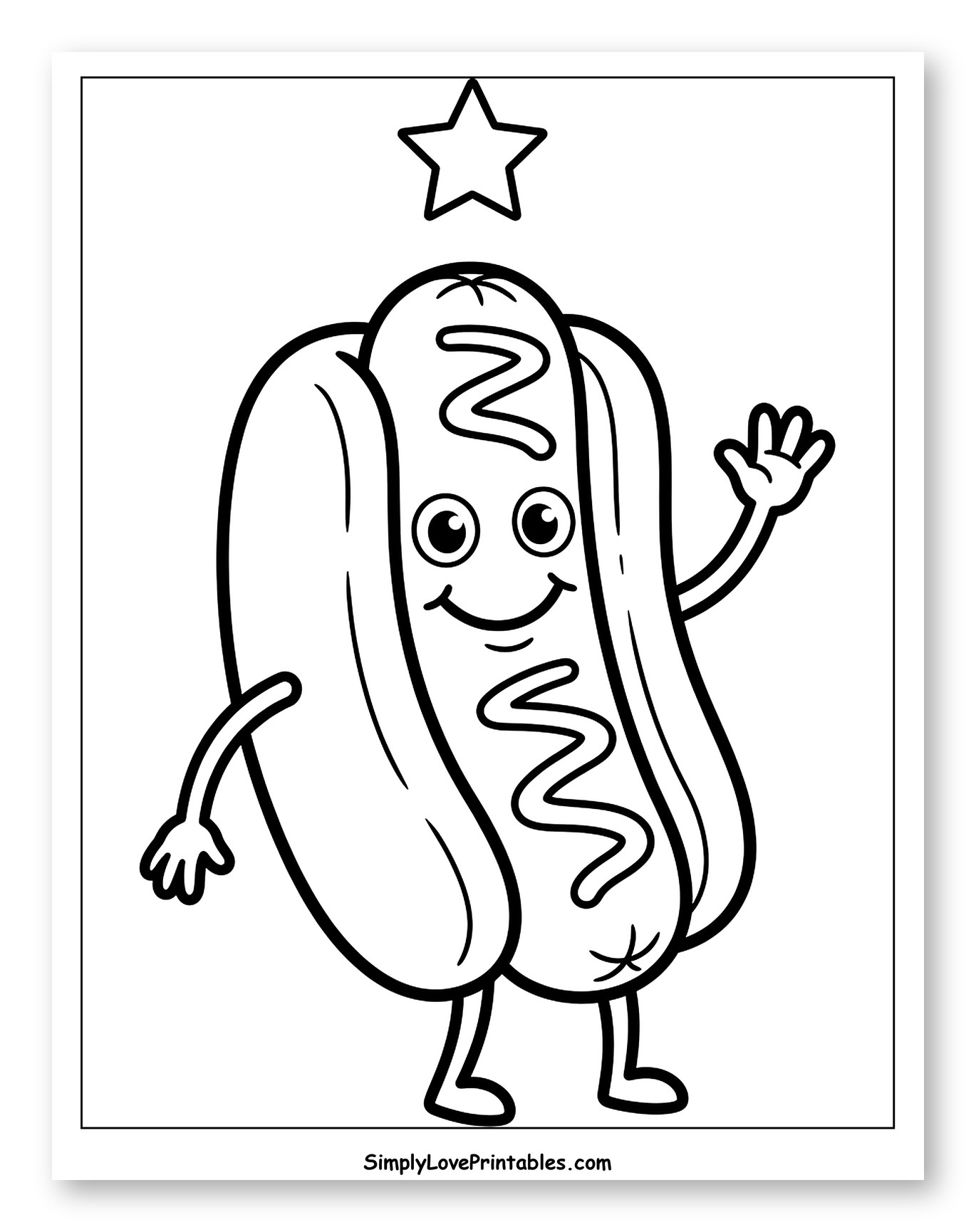 Smiling Hot Dog Character Waving to Color for Toddlers