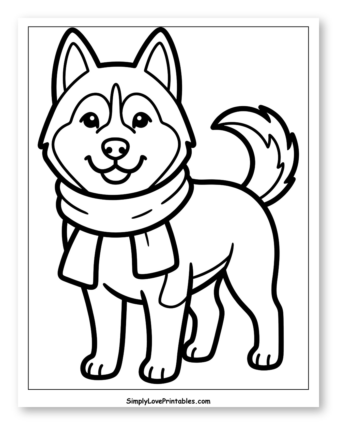 Smiling Husky Puppy with a Warm Scarf Coloring Sheet for Toddlers