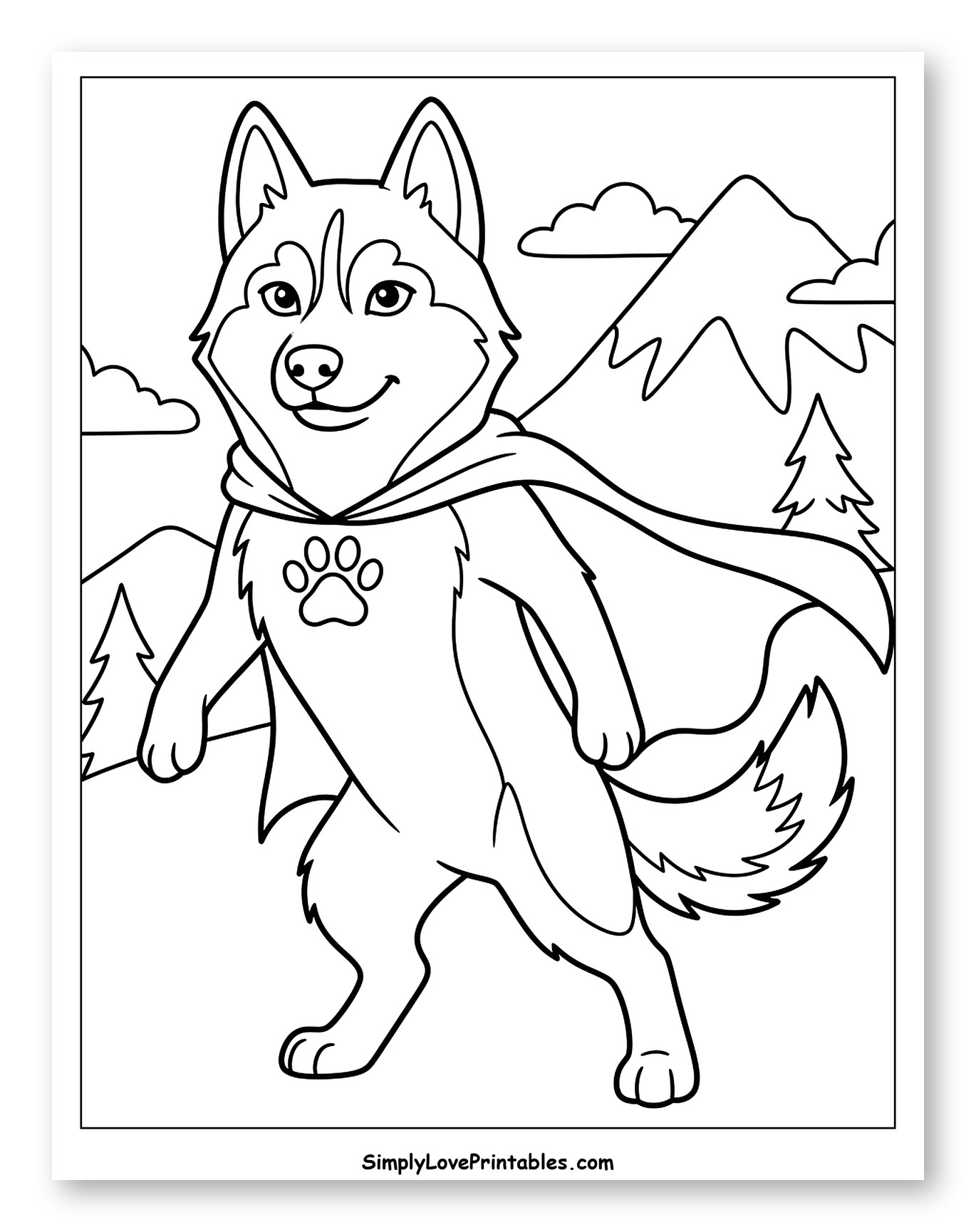 Smiling Husky Superhero with Paw Print Cape
