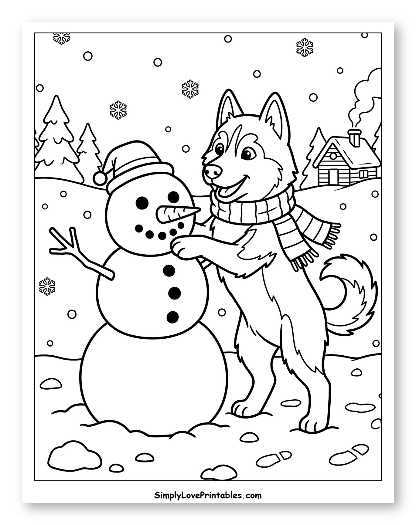 Smiling Husky with Snowman and Cabin Coloring Sheet for Kids