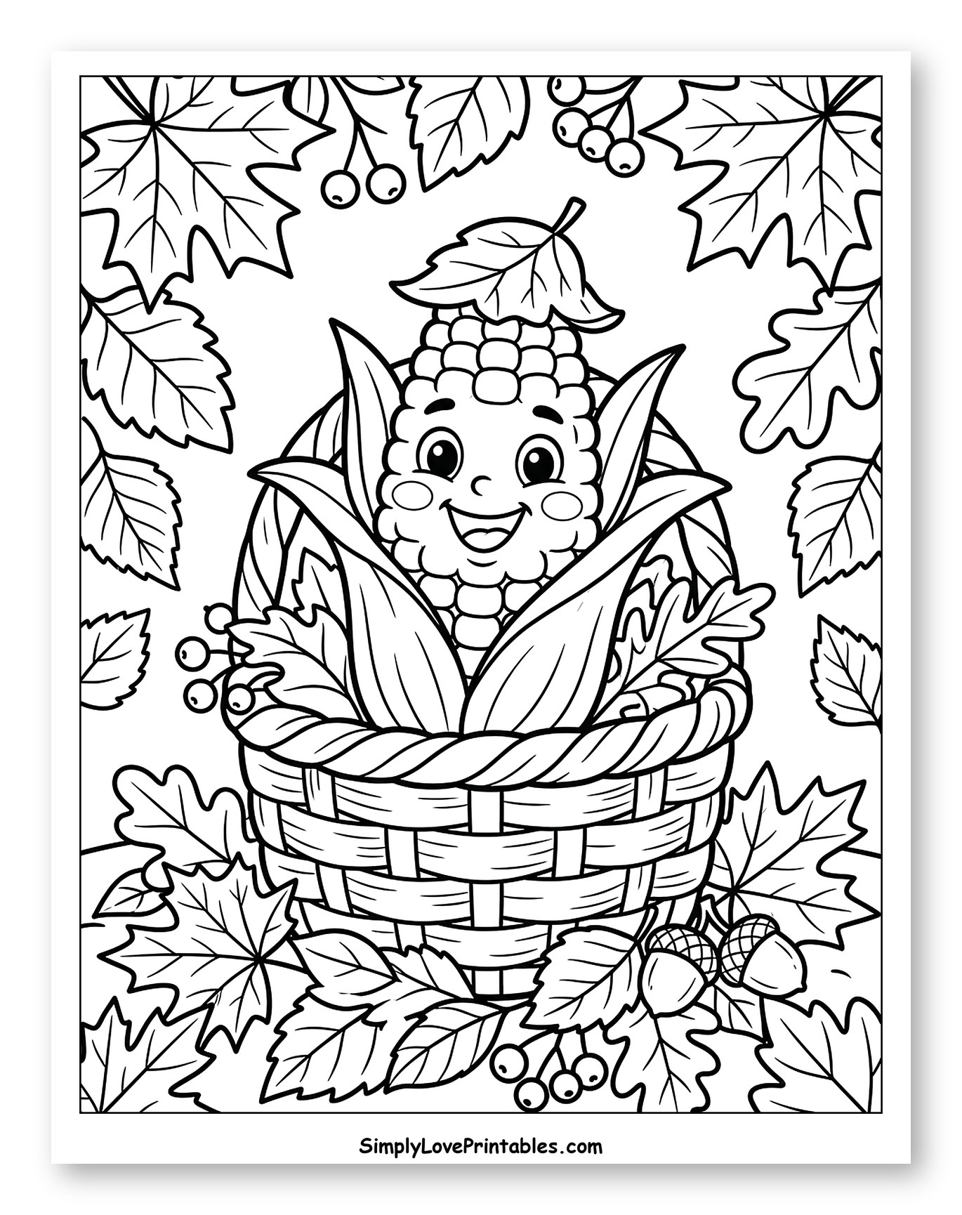 Smiling Indian Corn in Harvest Basket Coloring Sheet for Kids