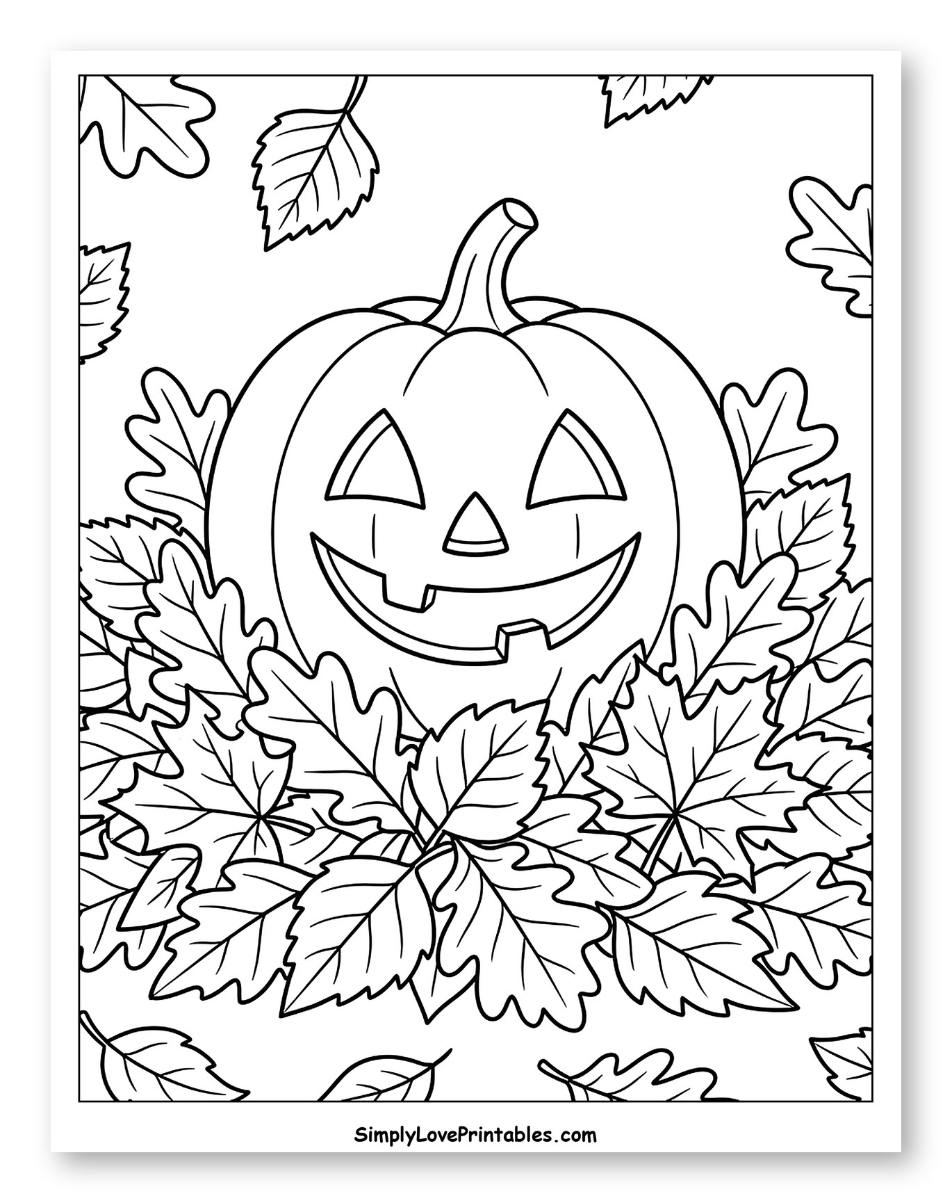 Smiling Jack-o'-lantern Surrounded by Fall Leaves Coloring Page for Kids