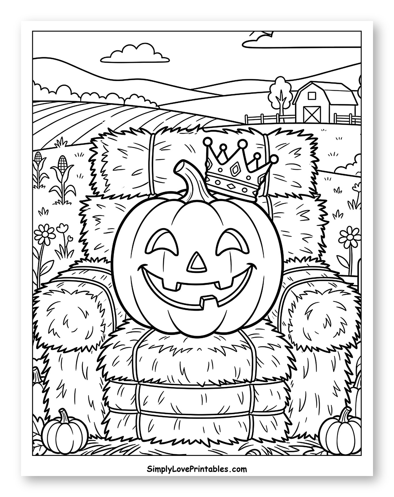 Smiling Jack-o'-lantern with Crown and Hay Bales