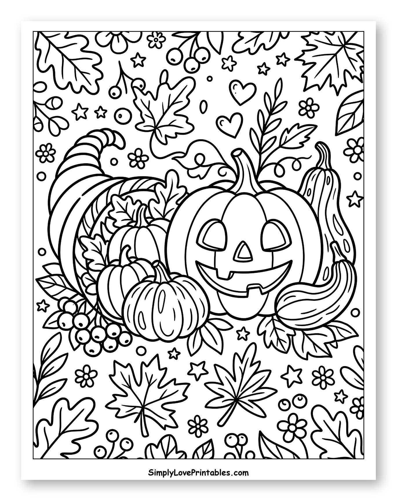 Smiling Jack-o'-lantern with Pumpkins, Leaves, and Cornucopia